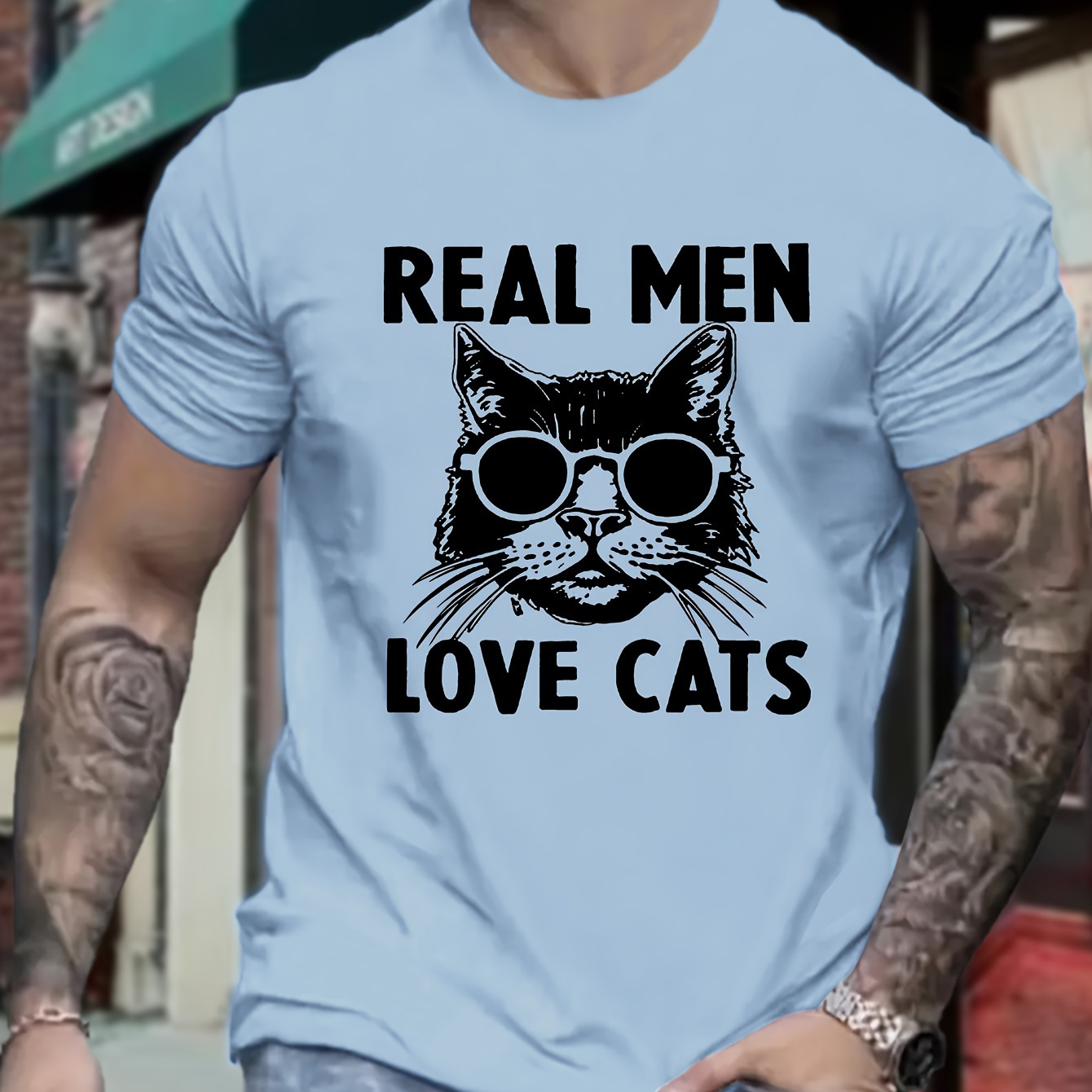 

Plus Size Men's Crew Neck T-shirt, Real Men Love Cats Print Short Sleeve Sports Tee Tops, Men's Summer Clothing