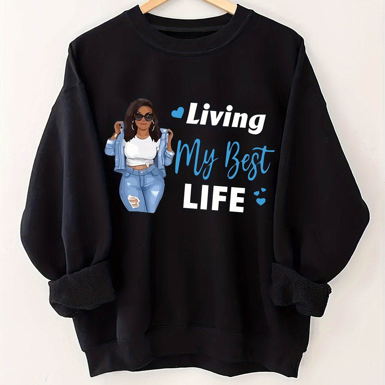 

Plus Size "living " Slogan Sweatshirt - 100% Polyester, Casual Crew Neck Pullover With Slight Stretch, Alphabet Pattern, Knit Fabric For Fall/winter