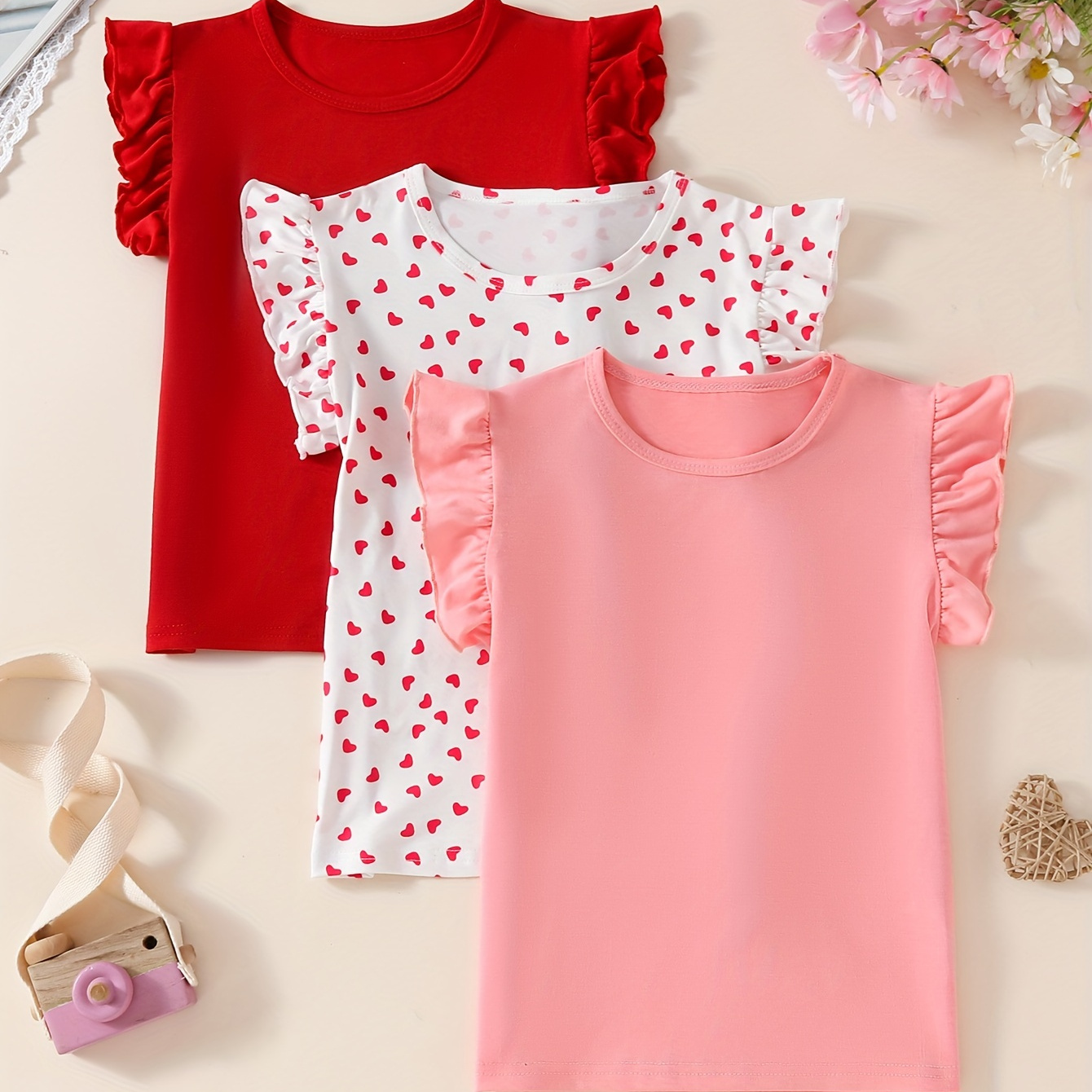 

3pcs, Solid/heart Print Flutter Trim Sleeveless T-shirt Set, Versatile Tees For Girls Summer Gift Party