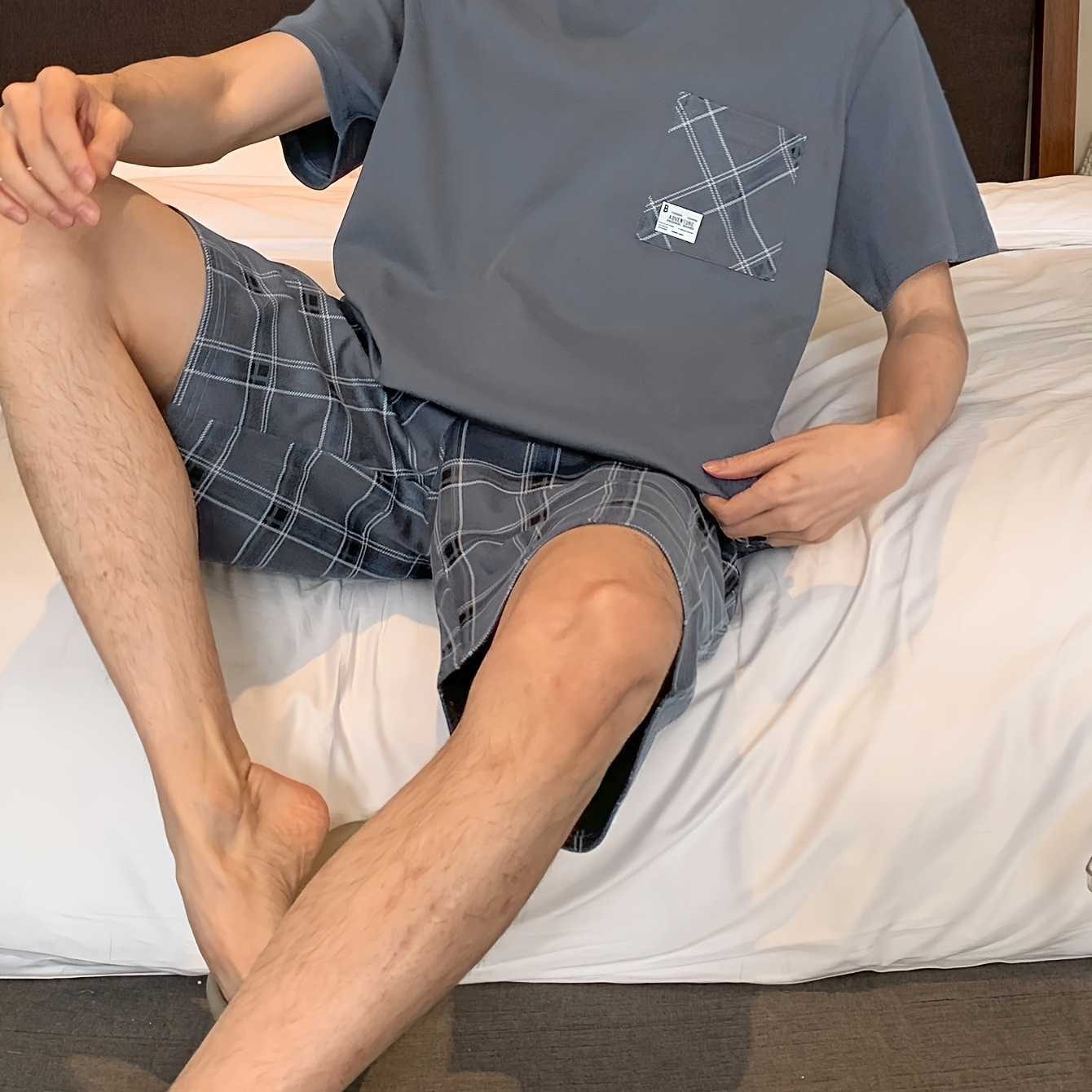 

Men's Cotton Casual 2 Piece Pajama Set, Thin Short Sleeve Lounge Wear & Shorts, Fashionable Comfy Home Wear Set