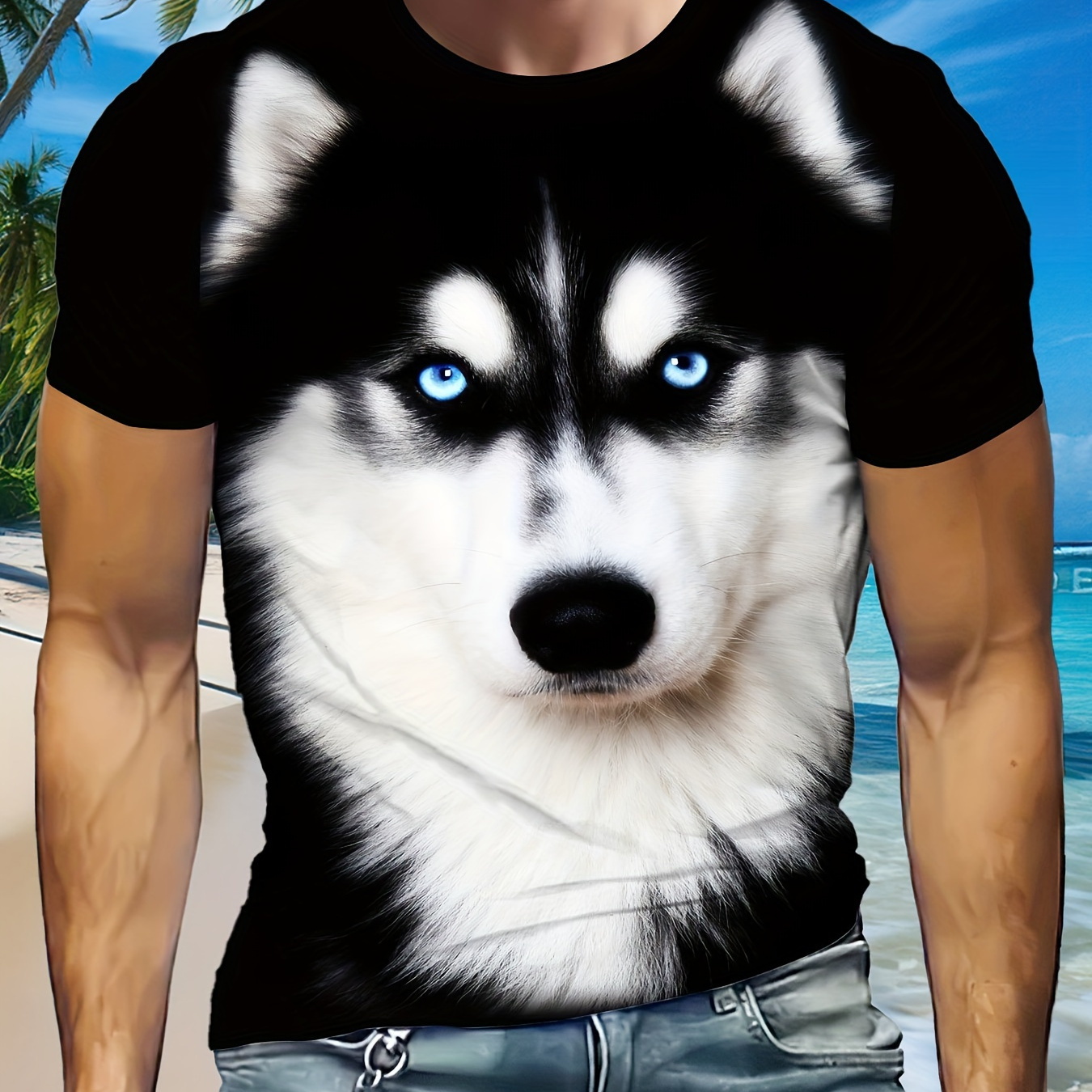 

Men's Casual Short Sleeve T-shirt With Husky Face Print - Breathable, Lightweight Polyester, Round Neck , Machine Washable