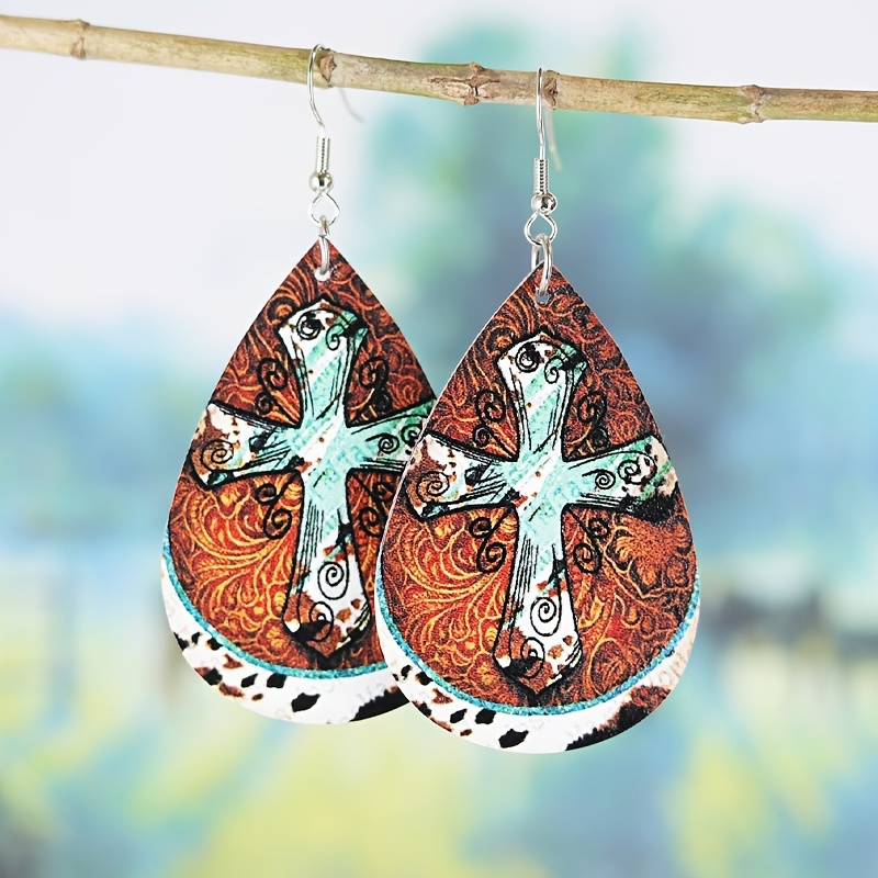 

Vintage Distressed Style Cross Pu Leather Earrings Double Sided Jewelry Gift For Women