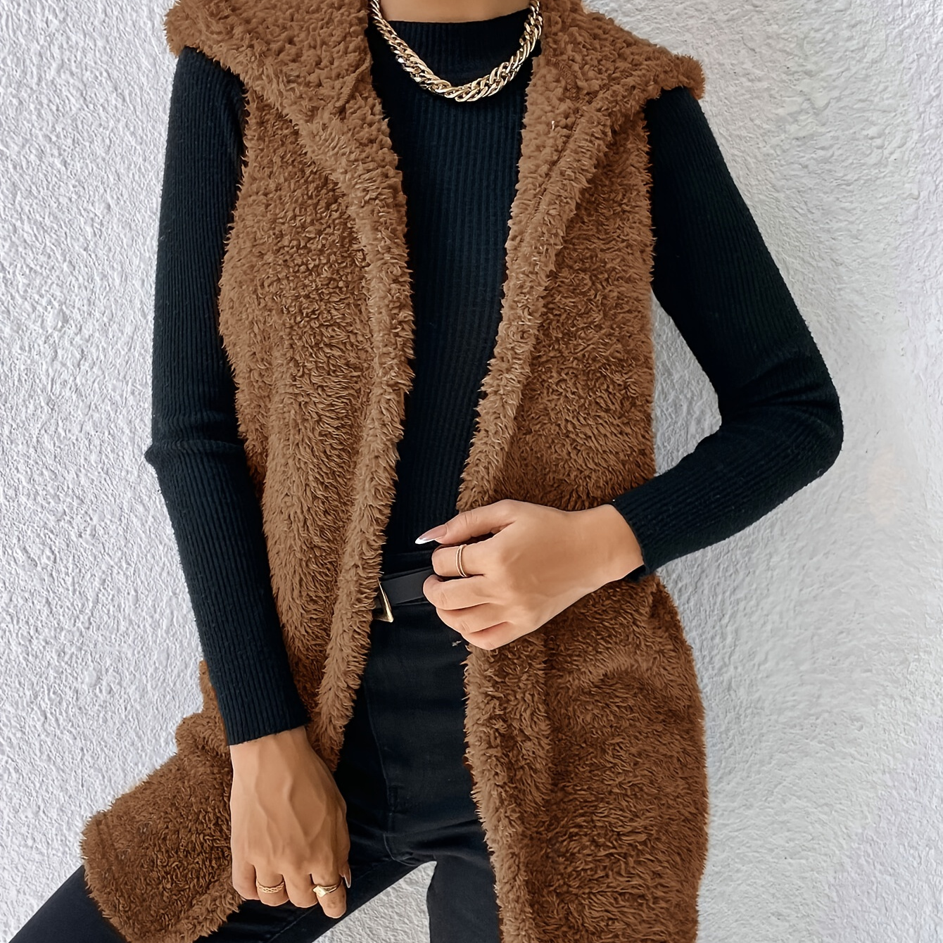 

Fuzzy Solid Hooded Vest, Elegant Open Front Sleeveless Vest, Women's Clothing