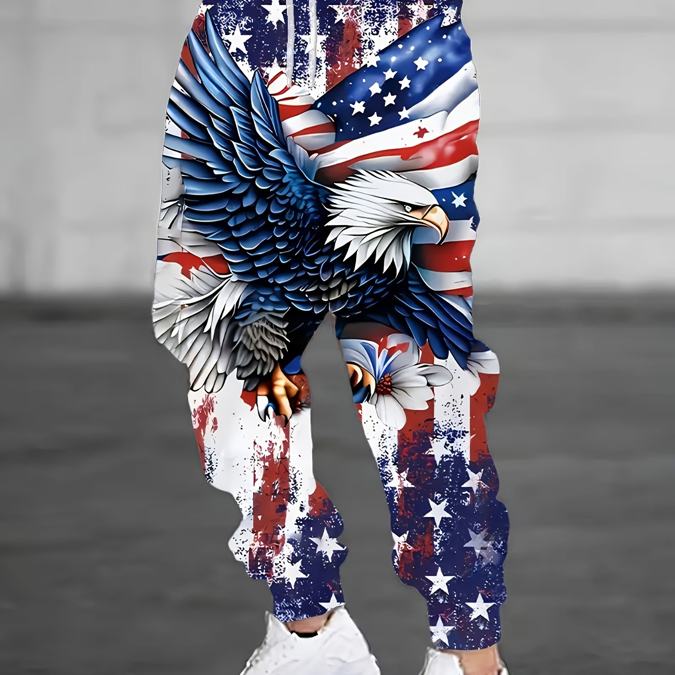 

1pc Men's Casual Polyester Sweatpants With American Flag Eagle Print, High Stretch Knit Fabric, Regular Fit Animal Pattern Joggers