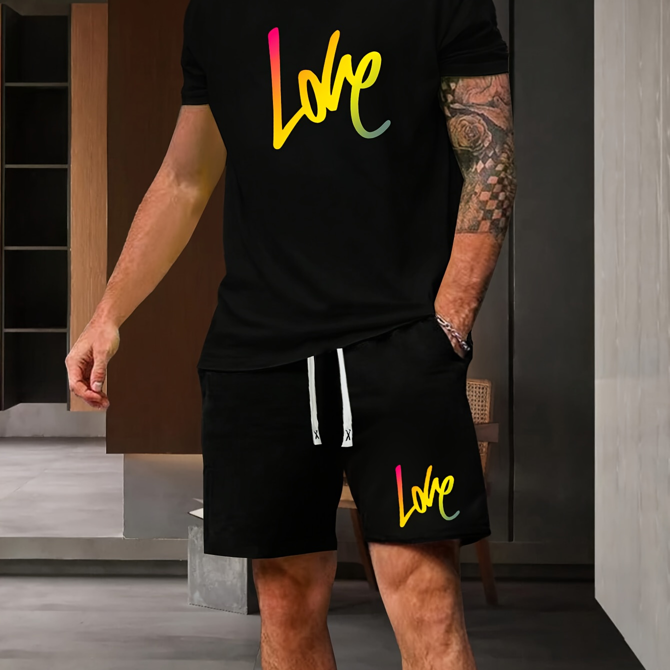 

Love Pattern Print Short Sleeve Round Neck T-shirt & Jogger Shorts Set, Summer 2pcs Comfy Outfits For Men