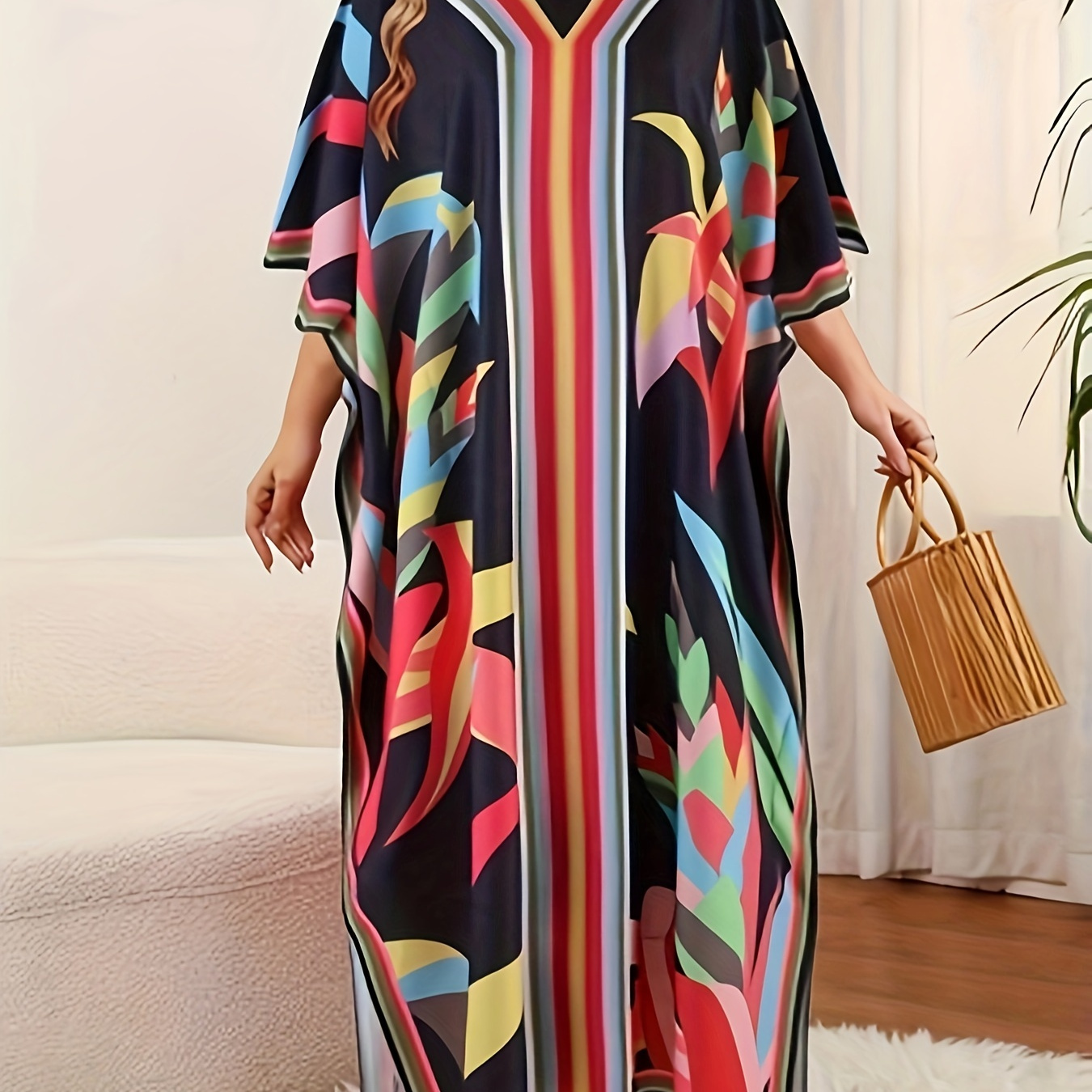 

Plus Size Floral Print Kaftan Dress, Modest V Neck Split Maxi Dress, Women's Plus Size Clothing