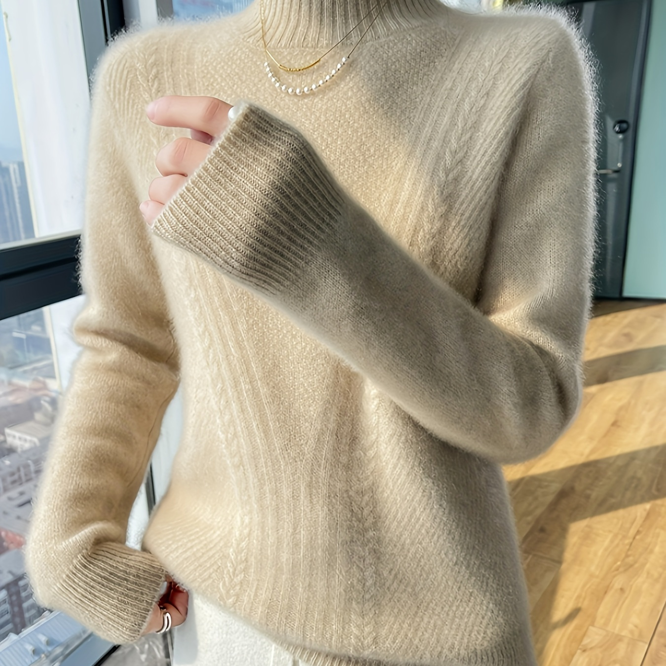 

Elegant High-neck Acrylic Sweater For Women - Chunky Knit Long Sleeve Pullover, Solid Color, Cozy Fall/winter Top