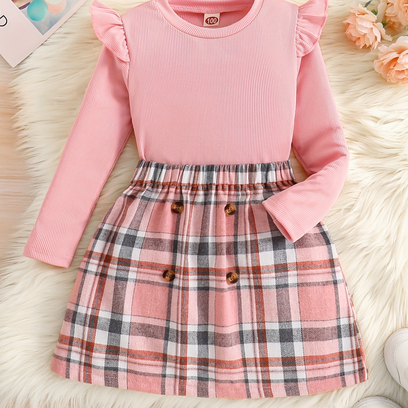 

Girl's 2pcs, Ribbed Long Sleeve Top & Plaid Pattern Skirt Set, Button Decor Casual Outfits, Kids Clothes For Spring Autumn