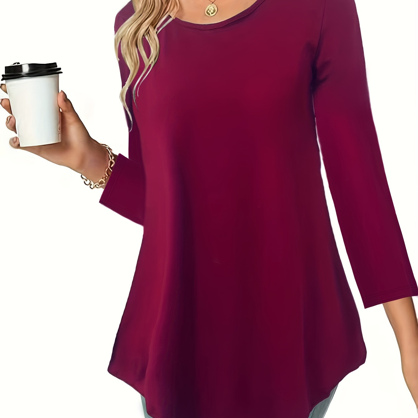 

Women's Casual 3/4 Sleeve Tunic Top - Crew Neck, Solid Color, Stretchy Polyester & Spandex , Spring/summer/fall