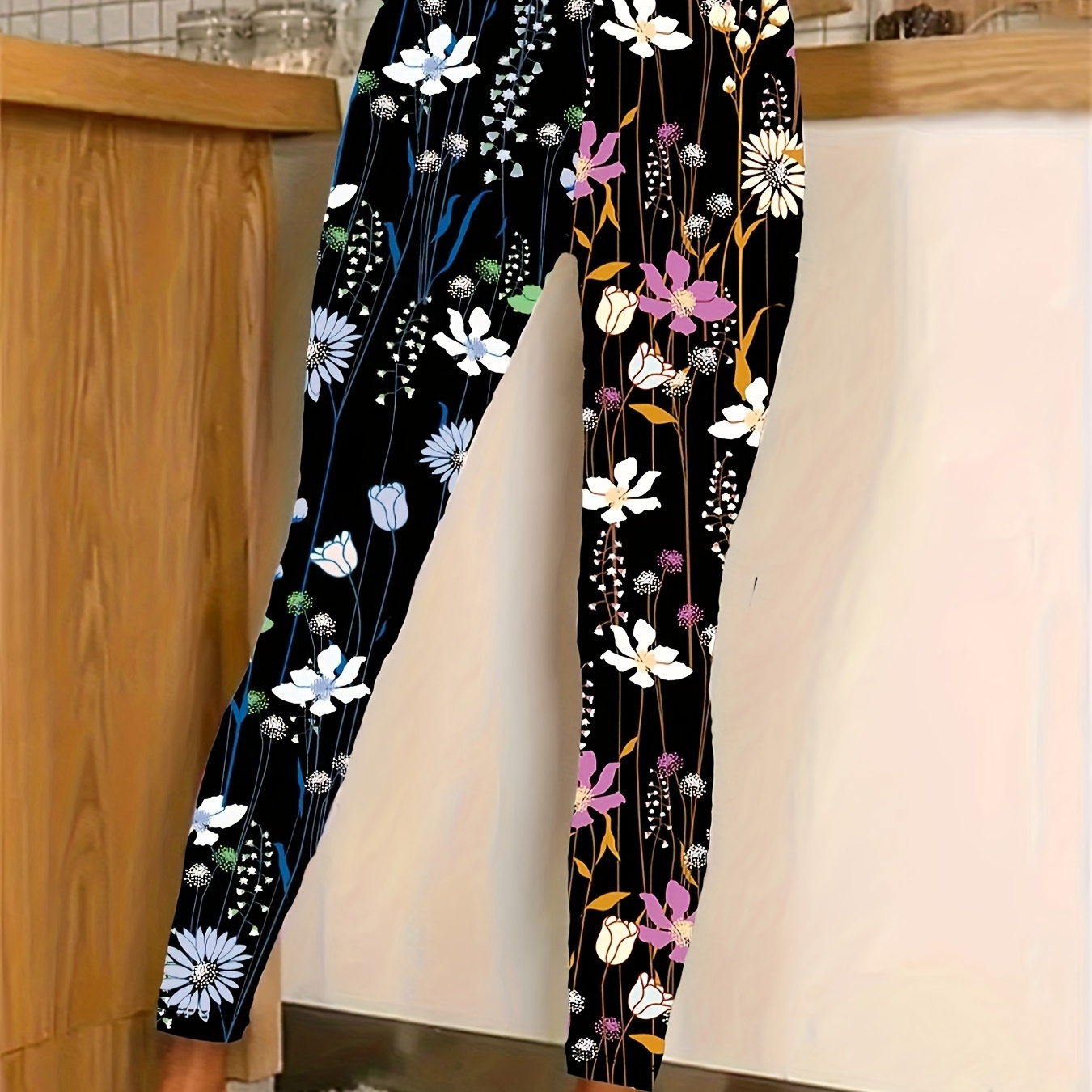 

Plus Size Floral Print Skinny Leggings, Casual Every Day High Waist Stretchy Leggings, Women's Plus Size Clothing