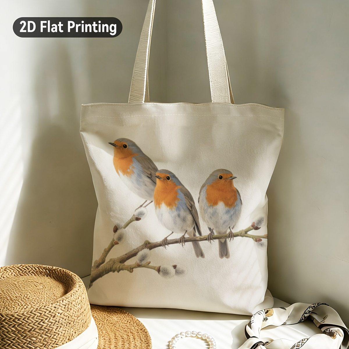 TEMU 1pc Elegant Watercolor Robin Bird Tote Bag - Duplex Print With Robins, Durable Suitable For Grocery Shopping, Picnic, Casual , Hand Washable Bag