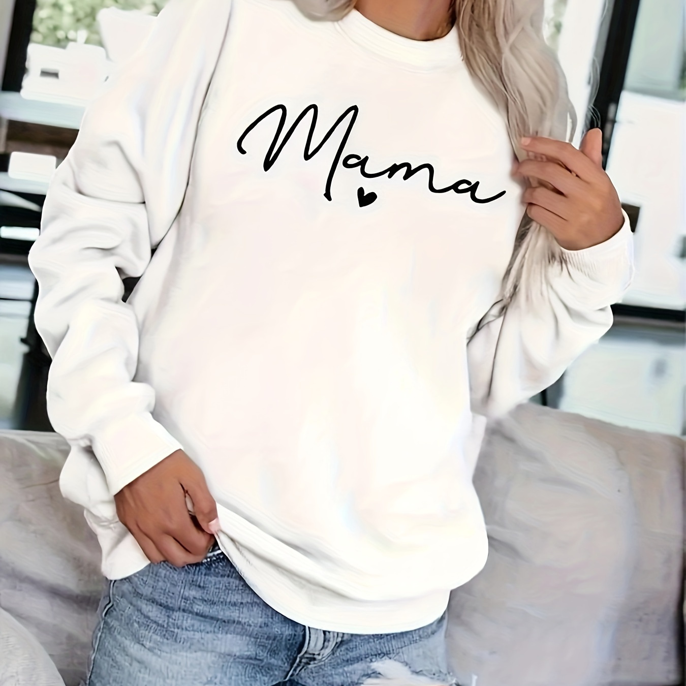 

Women' Sweatshirt, "mama" Heart Print, Casual Round Neck, Polyester Knit, Cartoon Graphic, Autumn/winter, No Detail, Ladies Fashion Hoodie