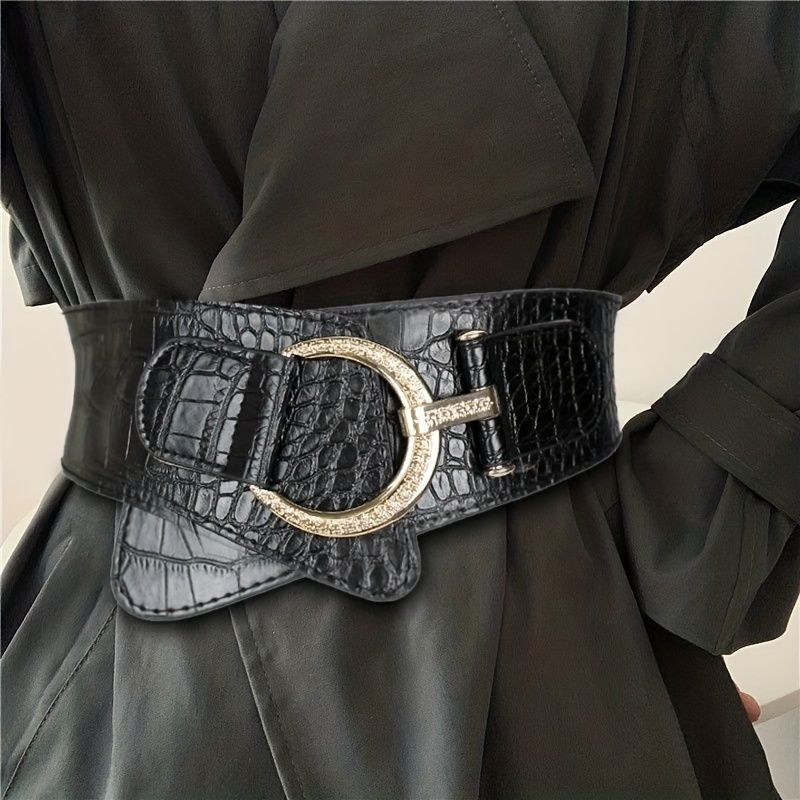 

Stylish Oblique Wide Belt Large Pin Buckle Pu Waistband Vintage Decorative Coat Dress Girdle For Women