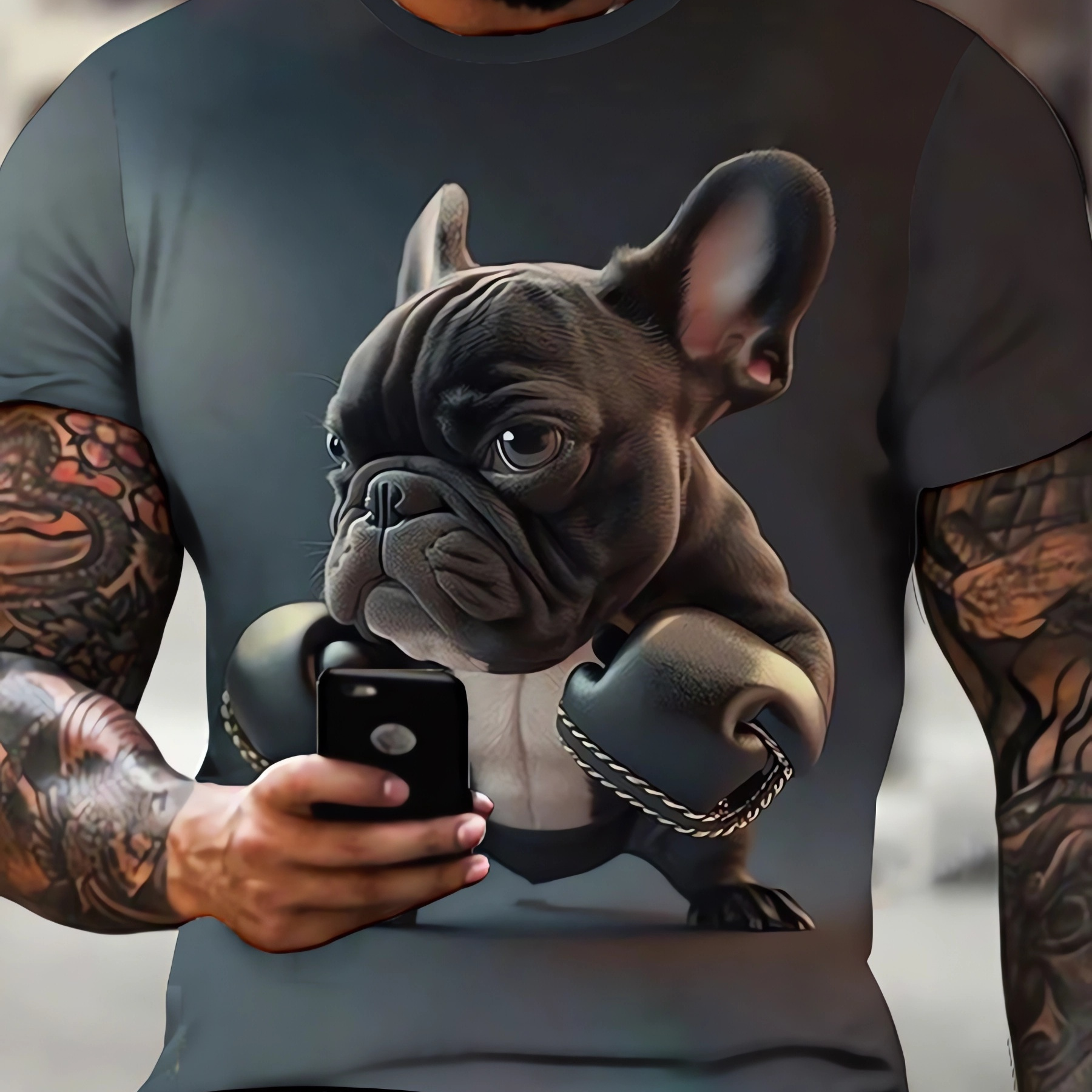

3d Digital Bulldog With Boxing Gloves Pattern T-shirt With Crew Neck And Short Sleeve, Chic And Stylish Comfy Tops For Men's Summer Street Wear
