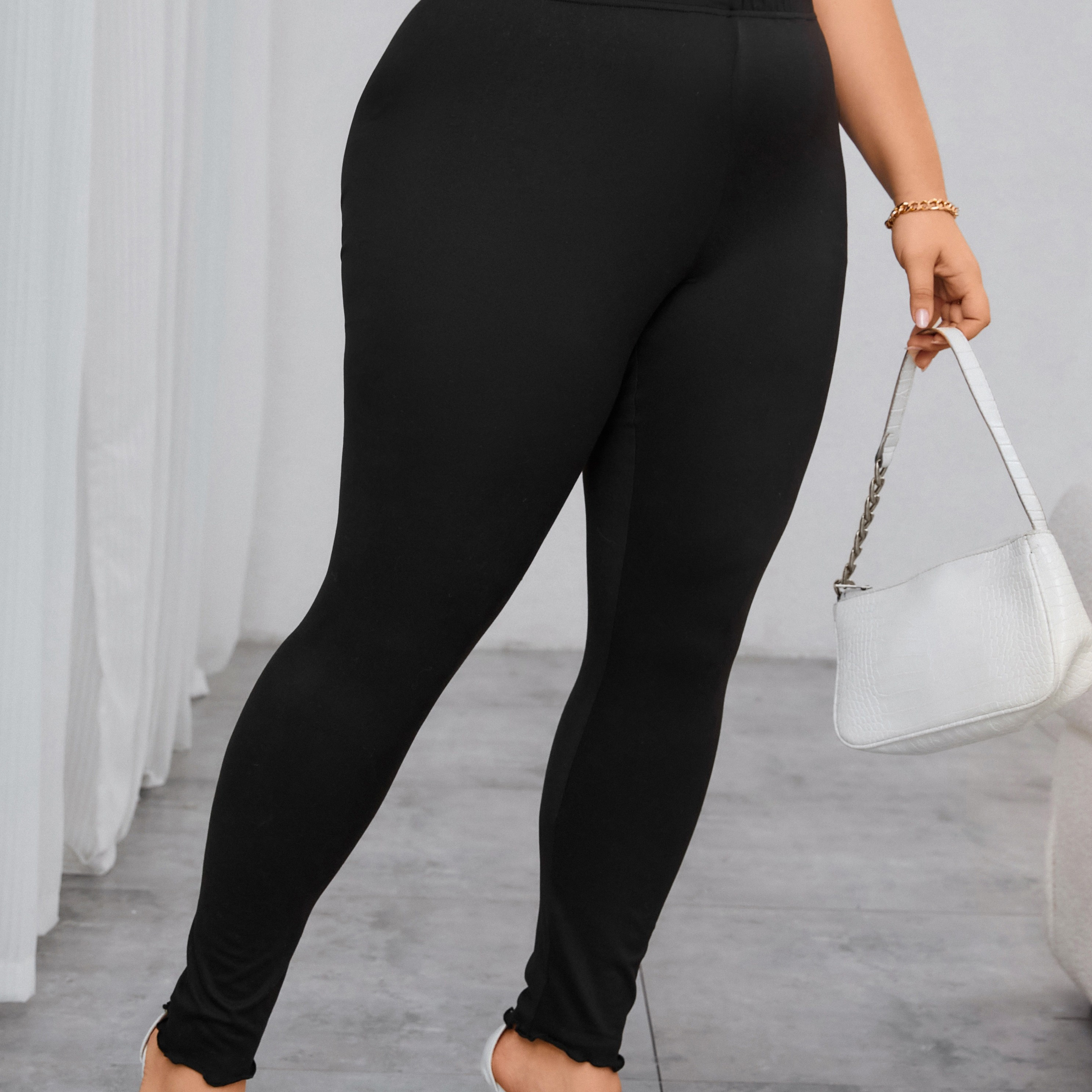 

Plus Size Solid Lettuce Hem Skinny Pants, High Waist Elegant Pants For Spring & Summer, Women's Plus Size Clothing