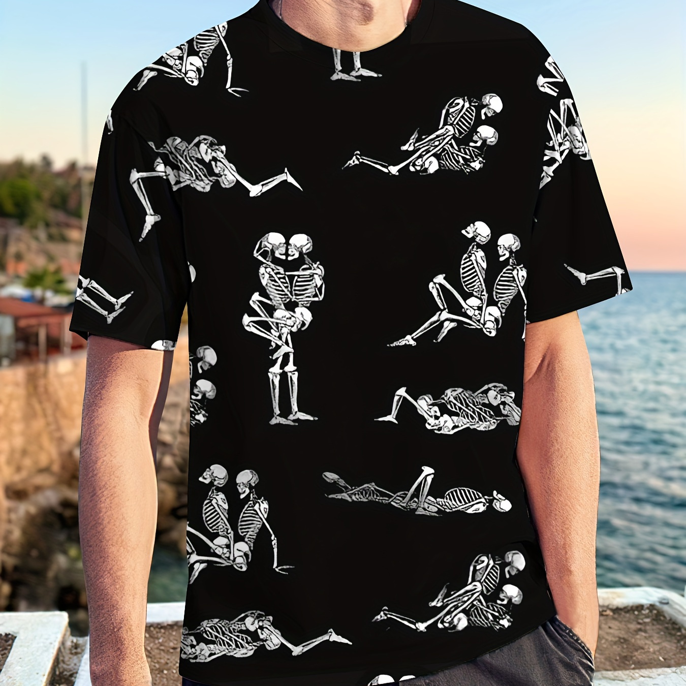 

Men's Novel And Stylish Contrast Color Skeletons Pattern Print T-shirt With Crew Neck And Short Sleeve, Cool Tops For Summer Leisurewear