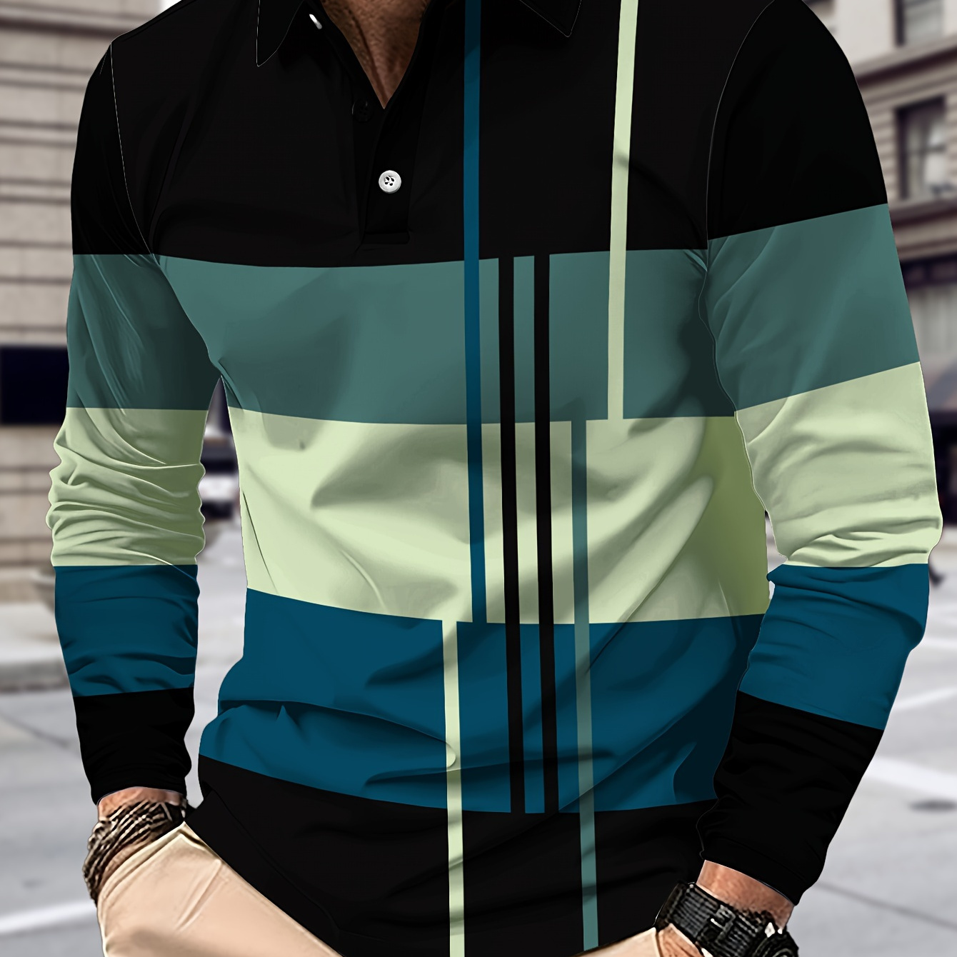 

Men's Color Blocking Stripes Print Long Sleeve Lapel T-shirt For All , Casual Comfy Golf Tops As Gift