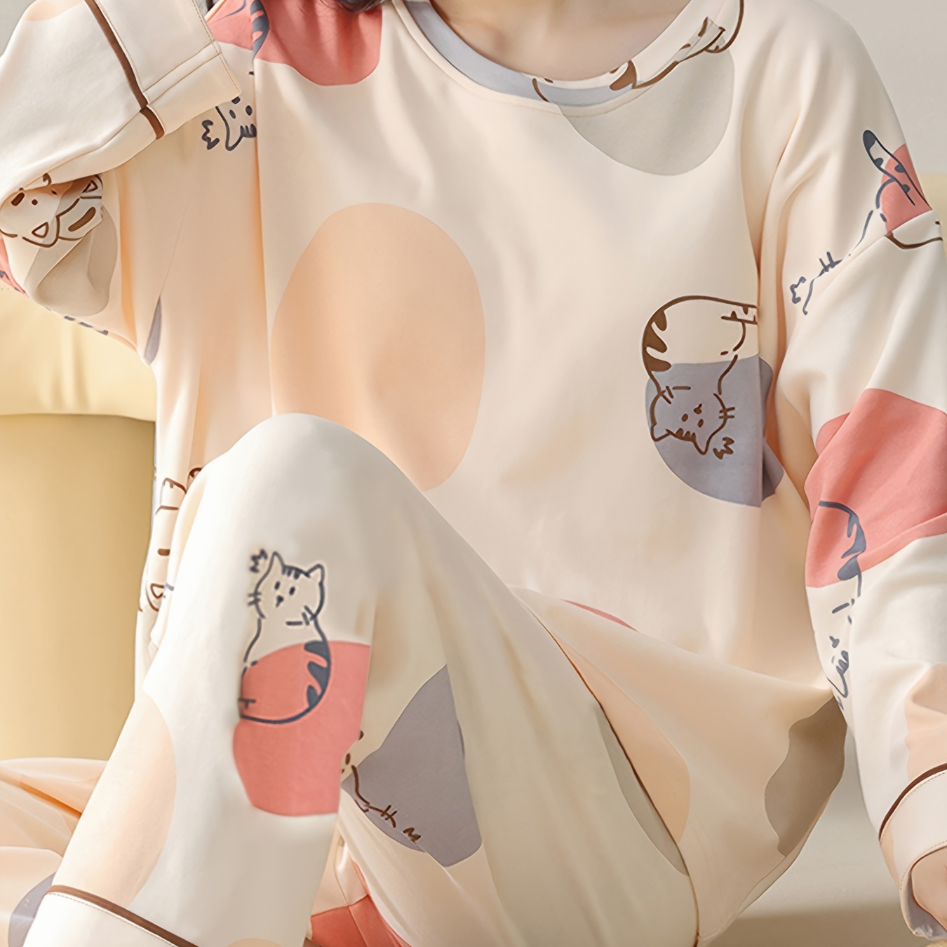 

1set Polyester Set For Women - Cat Long Sleeve And Pants Loungewear, Round