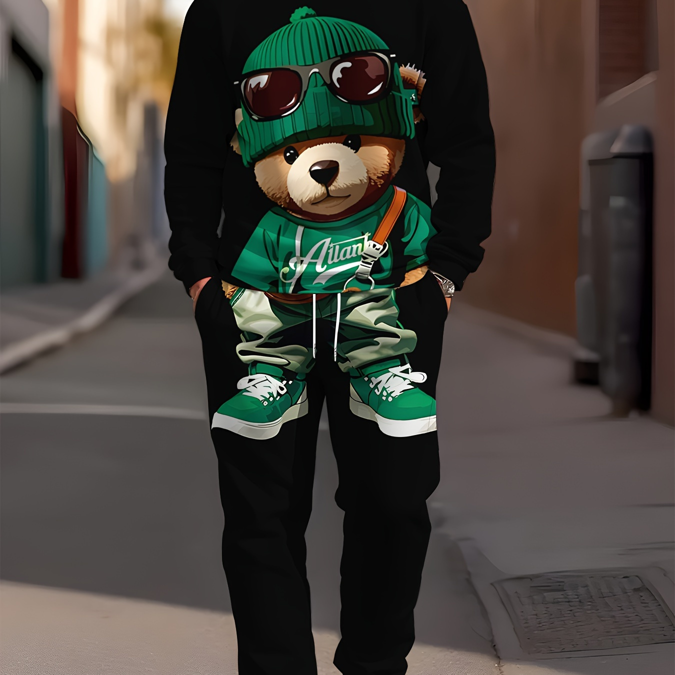 

2pcs Men's Cartoon Bear Graphic Long Sleeve Sweatshirt + Sweatpants Set, Casual Co-ord Sports Set As Gift, Outdoor Cloth