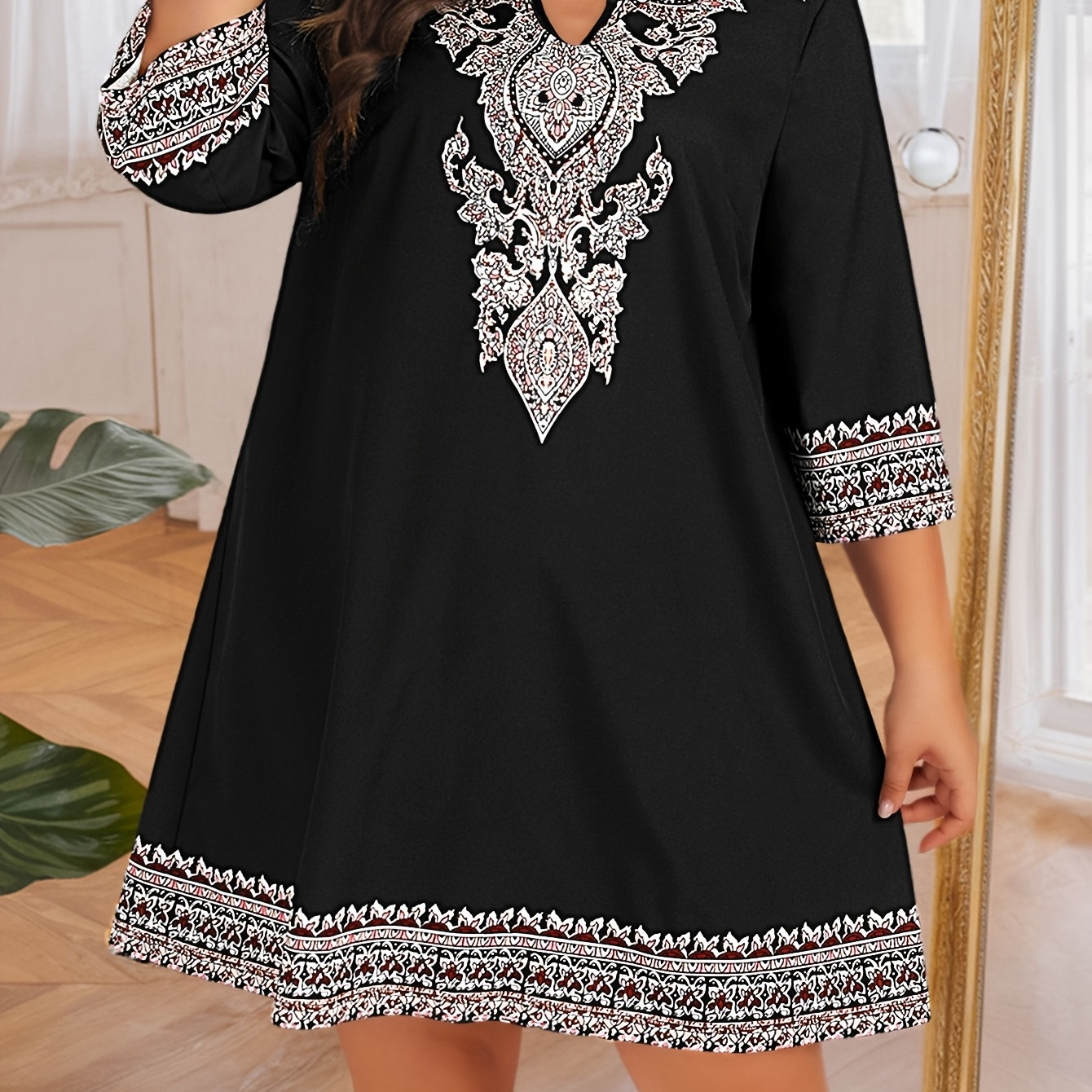 

Plus Size Ethnic Print Notched Neck Loose Dress, Half Sleeve Flowy Dress For Spring & Fall, Women's Plus Size Clothing