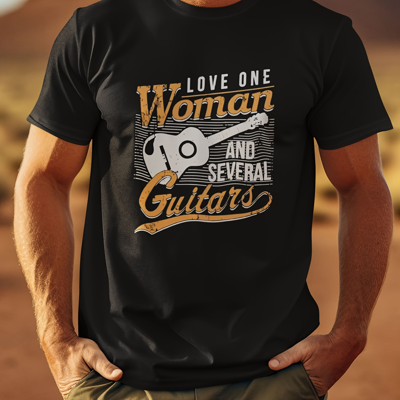 

'love 1 Woman And Several Guitars' - Summer Men's Cotton Front Printed Short-sleeved T-shirt - Comfortable & Breathable Novel Tops - Gift For A Man With A Story