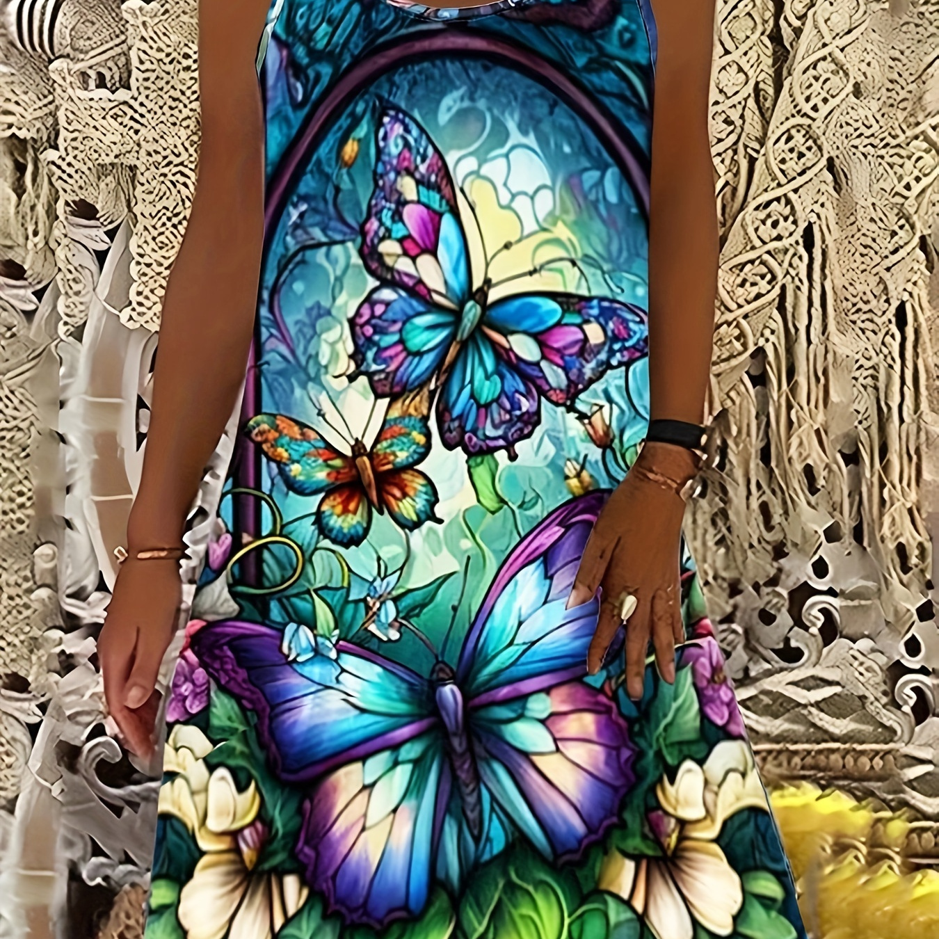 

Plus Size Butterfly Print Tank Dress, Vacation Sleeveless Dress For Spring & Summer, Women's Plus Size Clothing