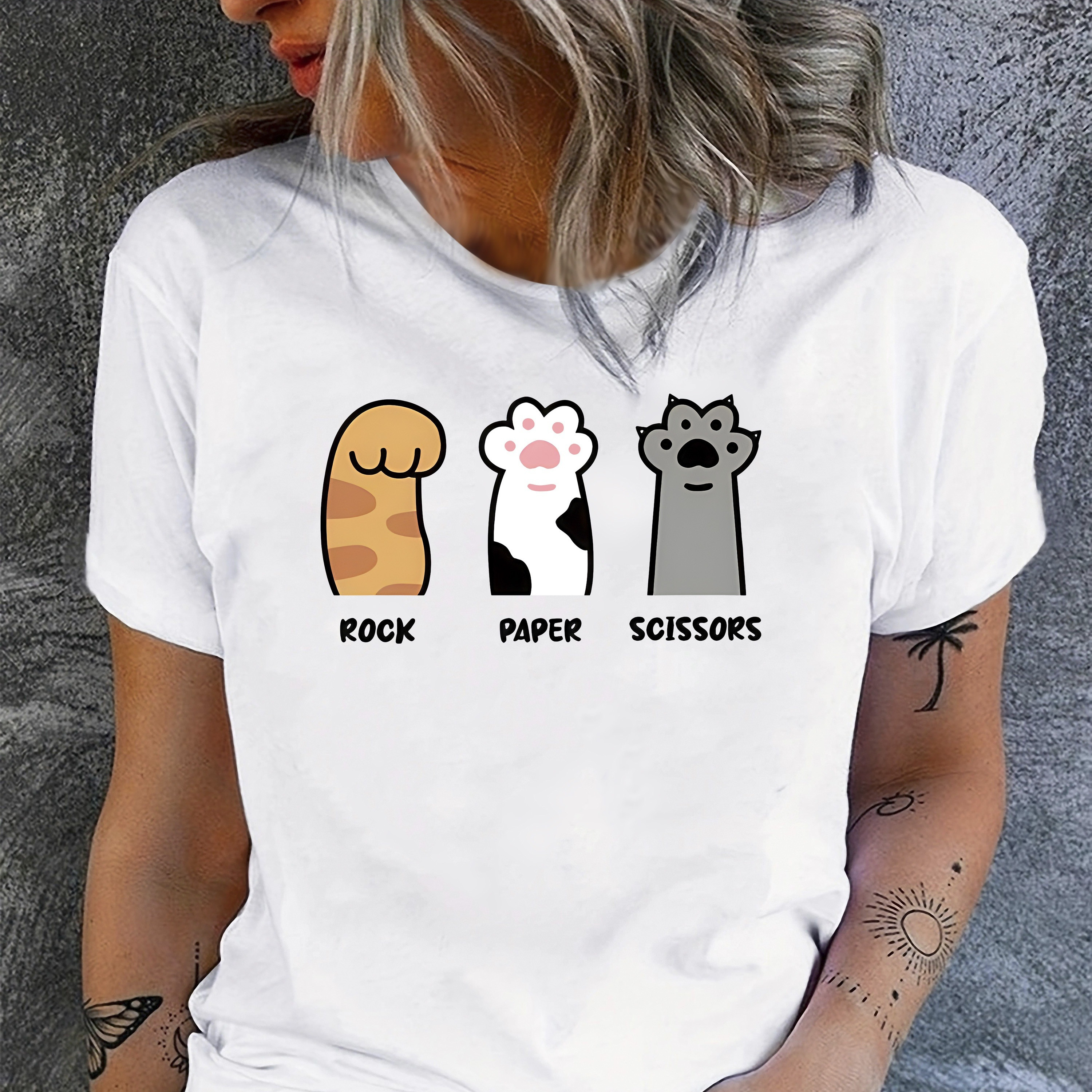 

T-shirt avec empreinte de patte de chat mignon, haut décontracté à manches courtes et col rond pour l'été et le printemps, vêtements pour femmes