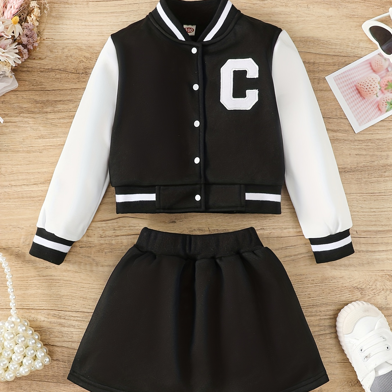 

2pcs Girl's Sporty Style Outfit, Varsity Jacket & Skirt Set, Kid's Clothes For Spring Autumn