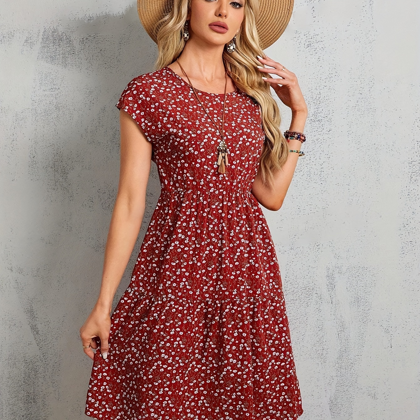 

Floral Print Crew Neck Dress, Casual Short Sleeve A-line Dress For Spring & Summer, Women's Clothing