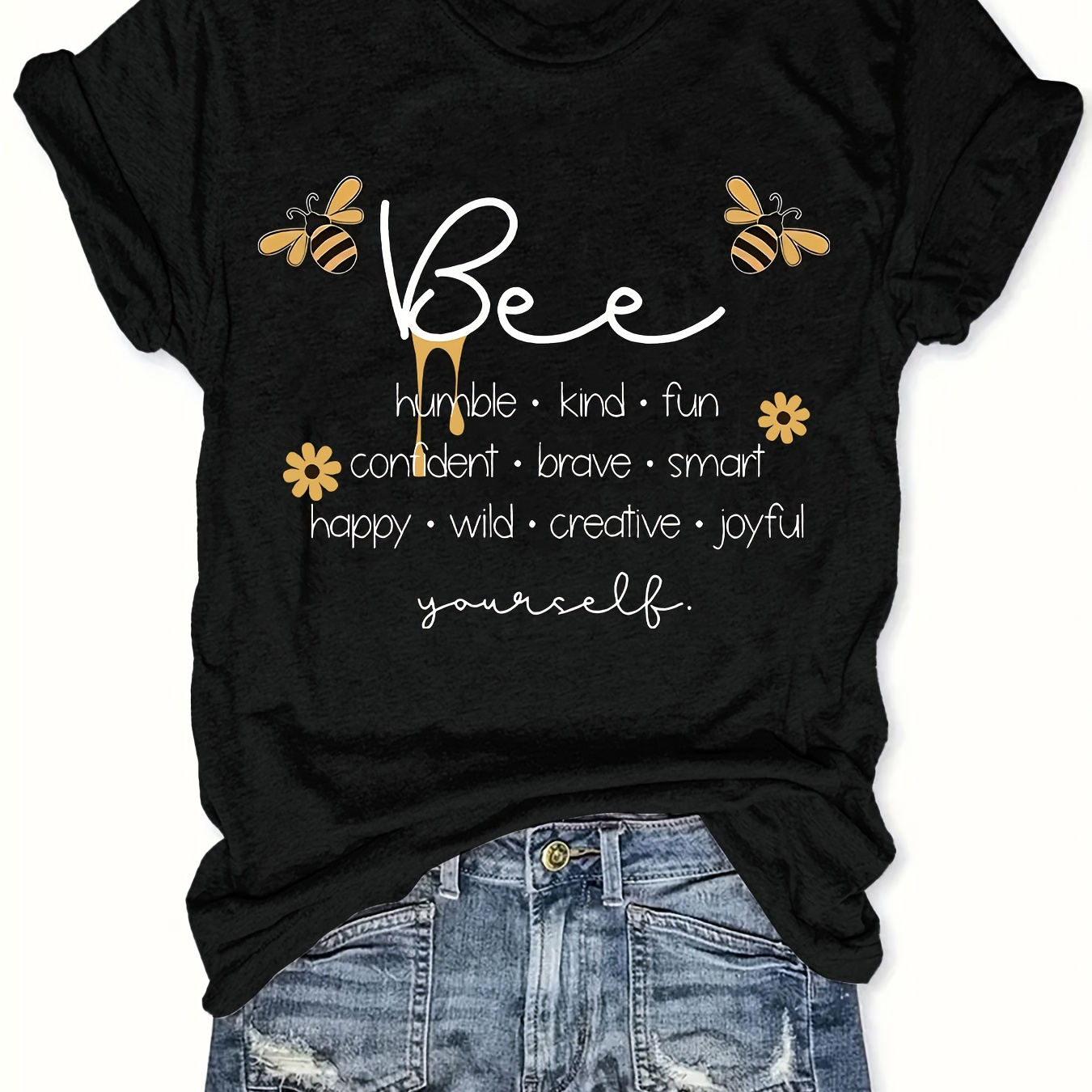 

Plus Size Bee & Letter Print T-shirt, Casual Short Sleeve Top For Spring & Summer, Women's Plus Size Clothing