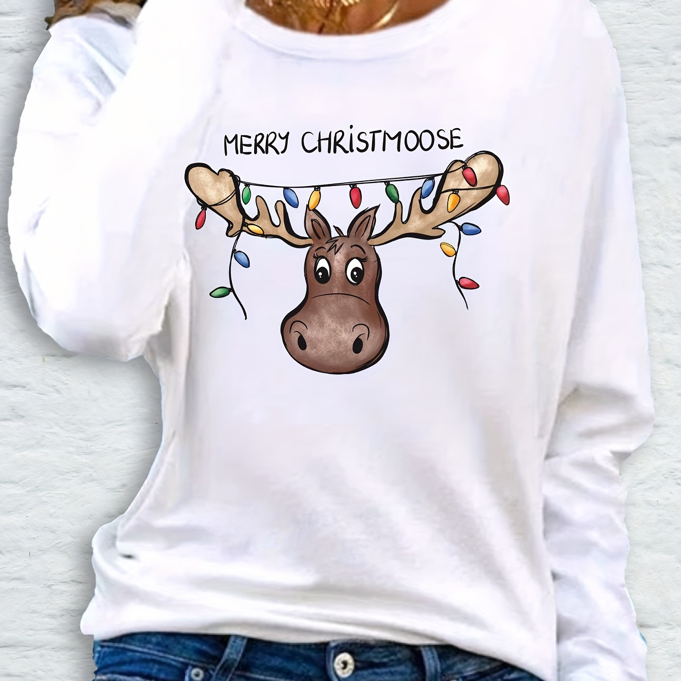 

Women's Long Sleeve Christmas Moose Print T-shirt, Casual Round Neck, Polyester, Regular Fit, Cartoon Graphic, Knit Fabric, No Pads, Autumn Fashion Top