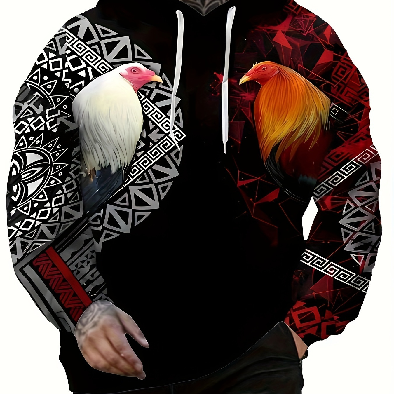 

Men's Hooded Sweatshirt With Rooster Print, Casual , Knit Polyester, Regular Fit, Kangaroo Pocket, Outdoor Sports, Fall/, 230gsm