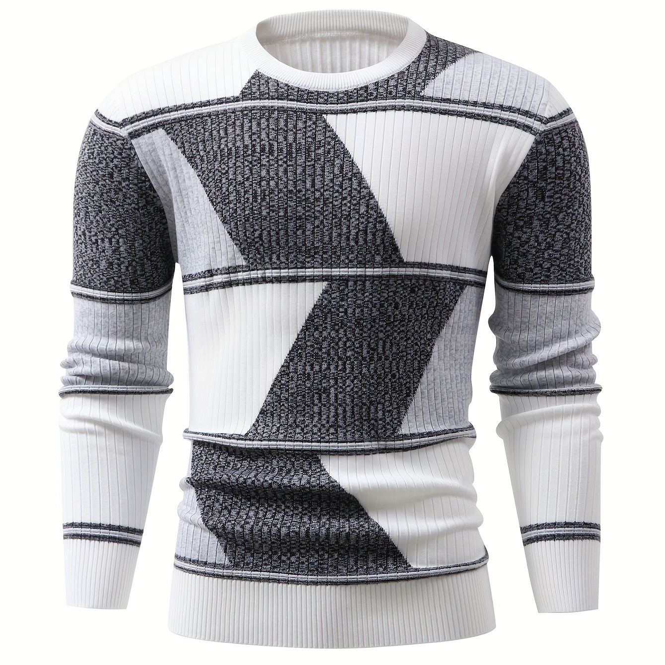 

Men's Casual Geometric Pattern Sweater - Polyester Knit Pullover With Ribbed Collar, Long Sleeves, And Fit For Autumn/winter