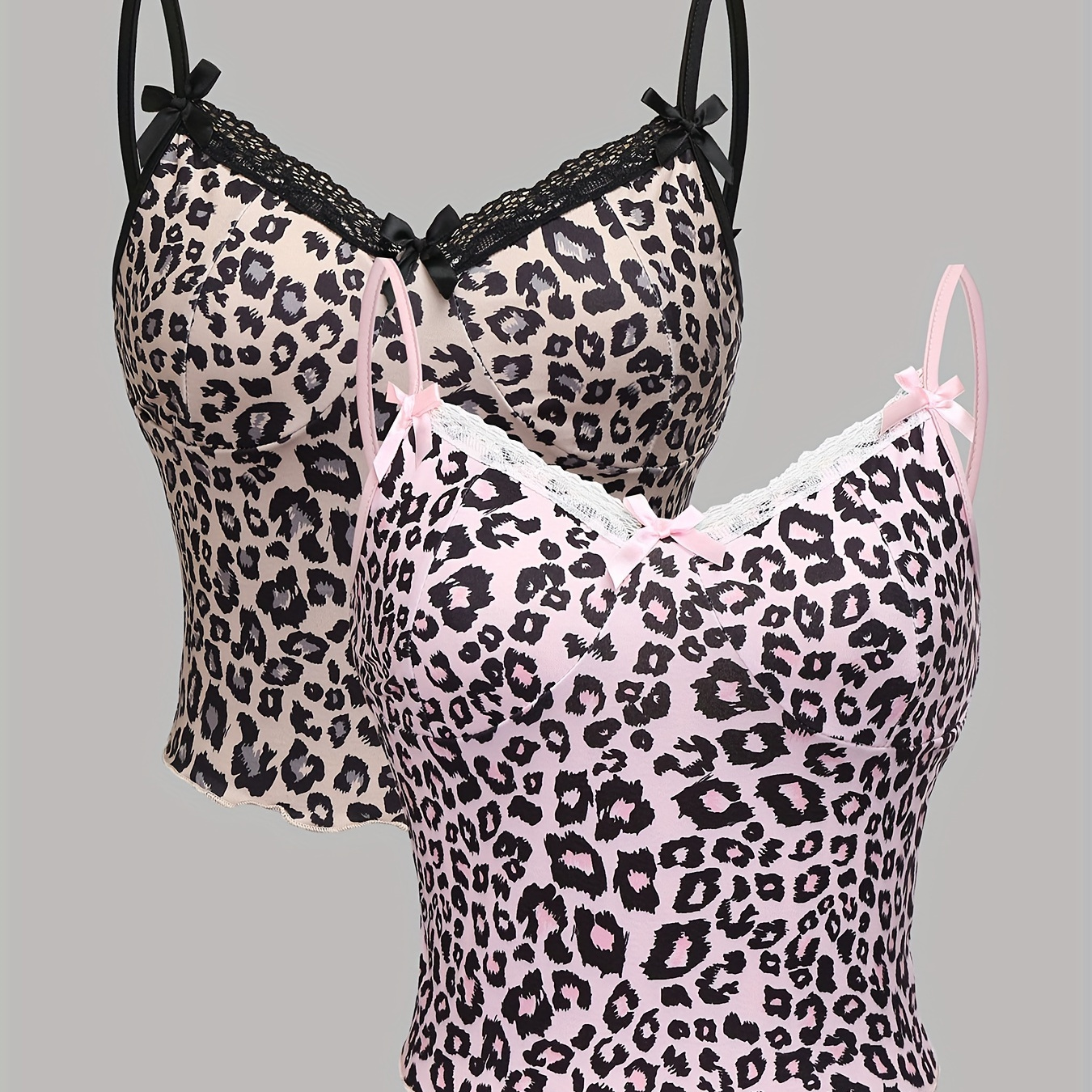 

2 Pack Leopard Print Contrast Lace Cami Tops, Cute Sleeveless Spaghetti Strap Bowknot Detail Slim Tops, Women's Clothing