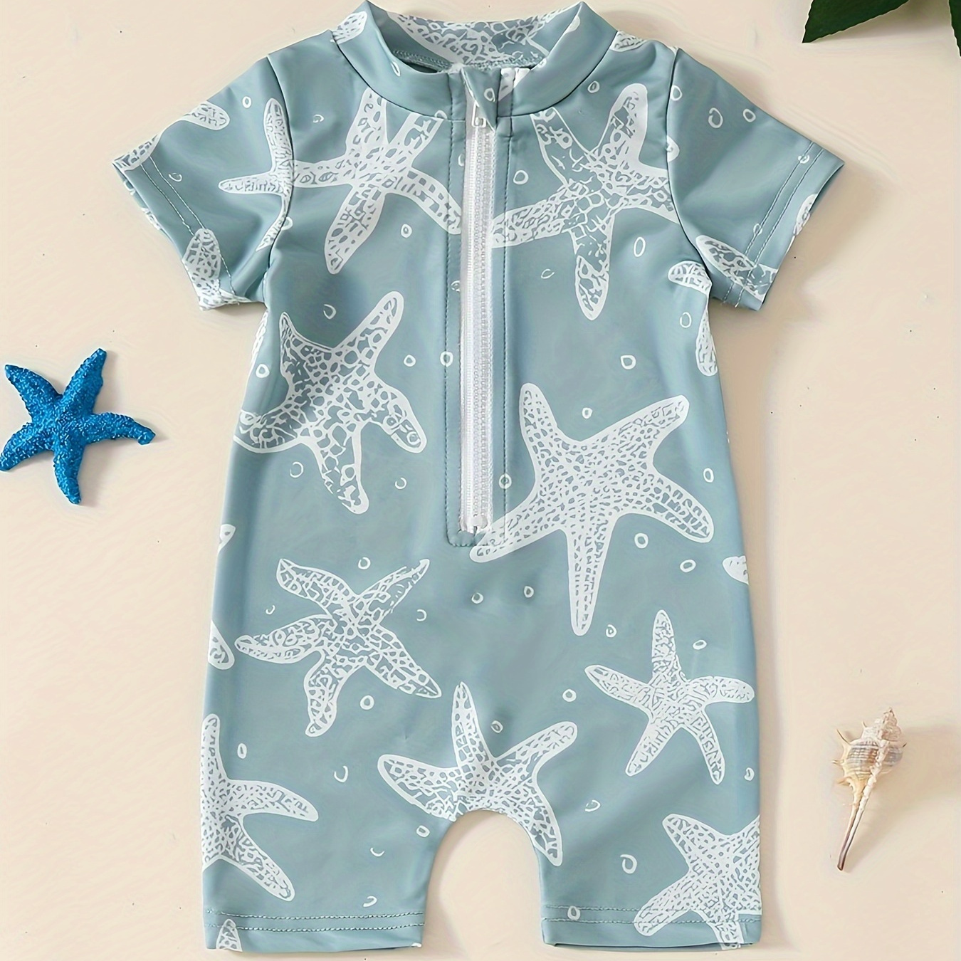 

Infant Boys' Starfish Print Short Sleeve Zippered One-piece Swimsuit, Cute Style, Summer Beachwear