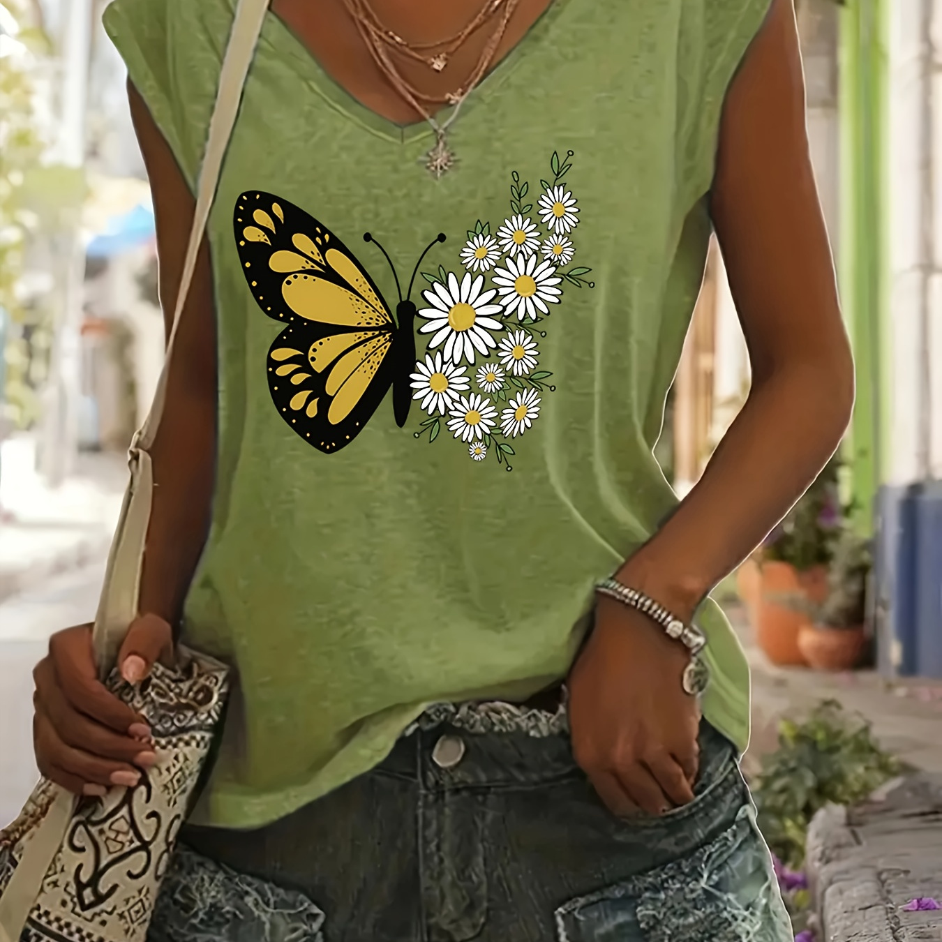 

T-shirt à col en V imprimé papillon, T-shirt décontracté sans manches pour le printemps et l'été, vêtements pour femmes