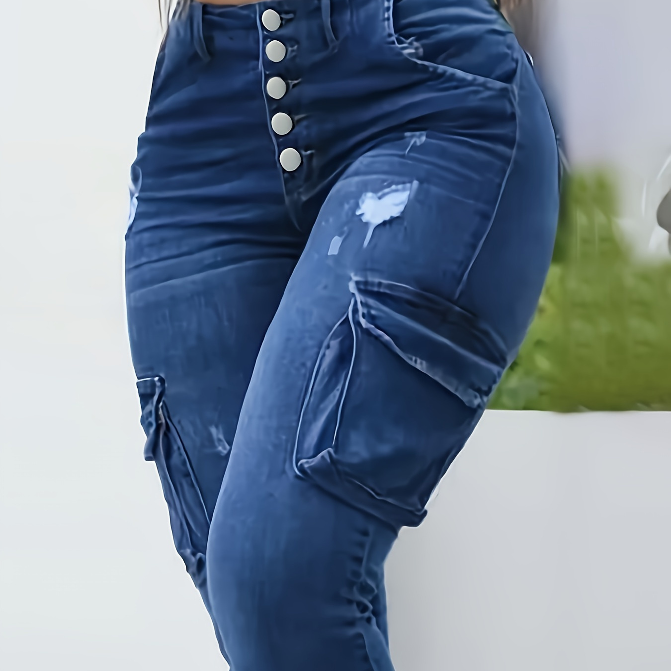 

Women's Plus Size High-waist Skinny Jeans With Single-breasted Button Detail And Ripped Hem, Casual Style, Denim Blue With Pockets, Stretch Fit Pants