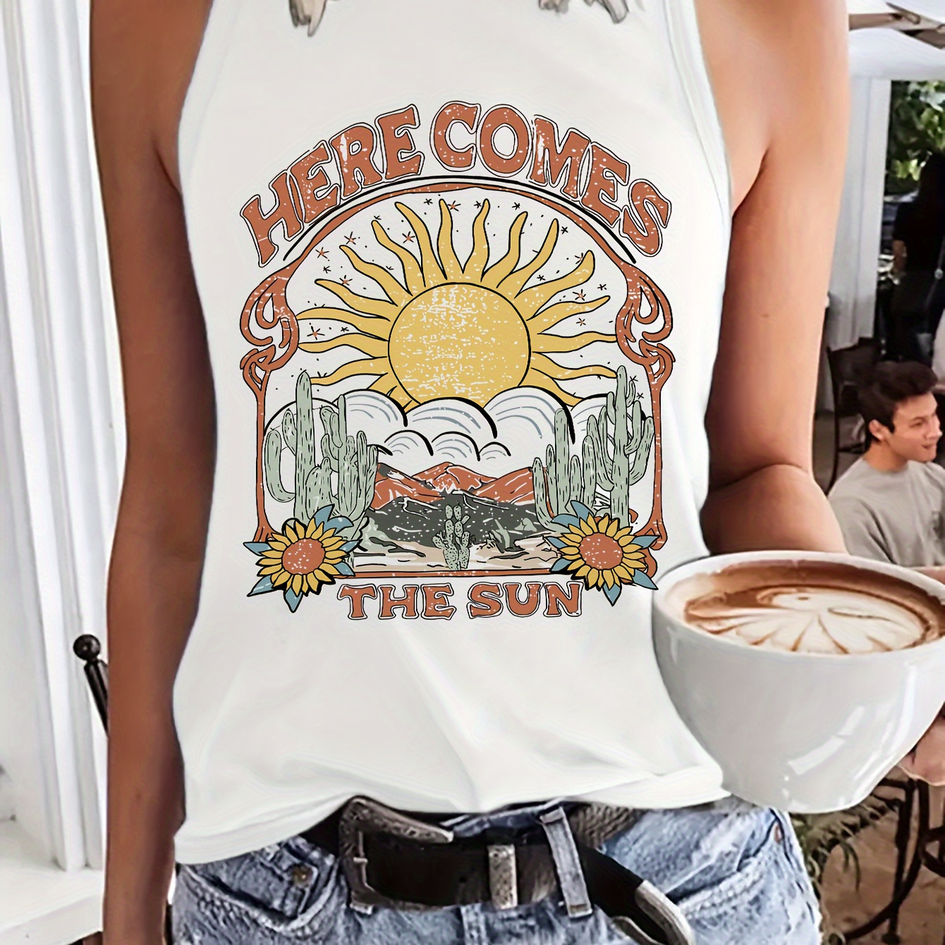 

Sun Graphic & Letter Print Crew Neck Tank Top, Casual Sleeveless Tank Top For Summer, Women's Clothing