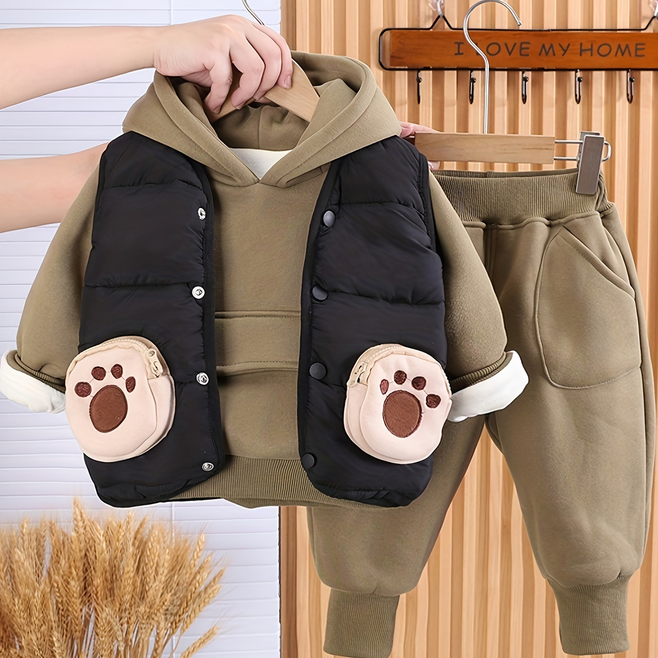 

3pcs Baby's Warm Padded Vest & Bear Ears Decor Hoodie & Casual Pants, Toddler & Infant Boy's Clothing Set For Fall Winter