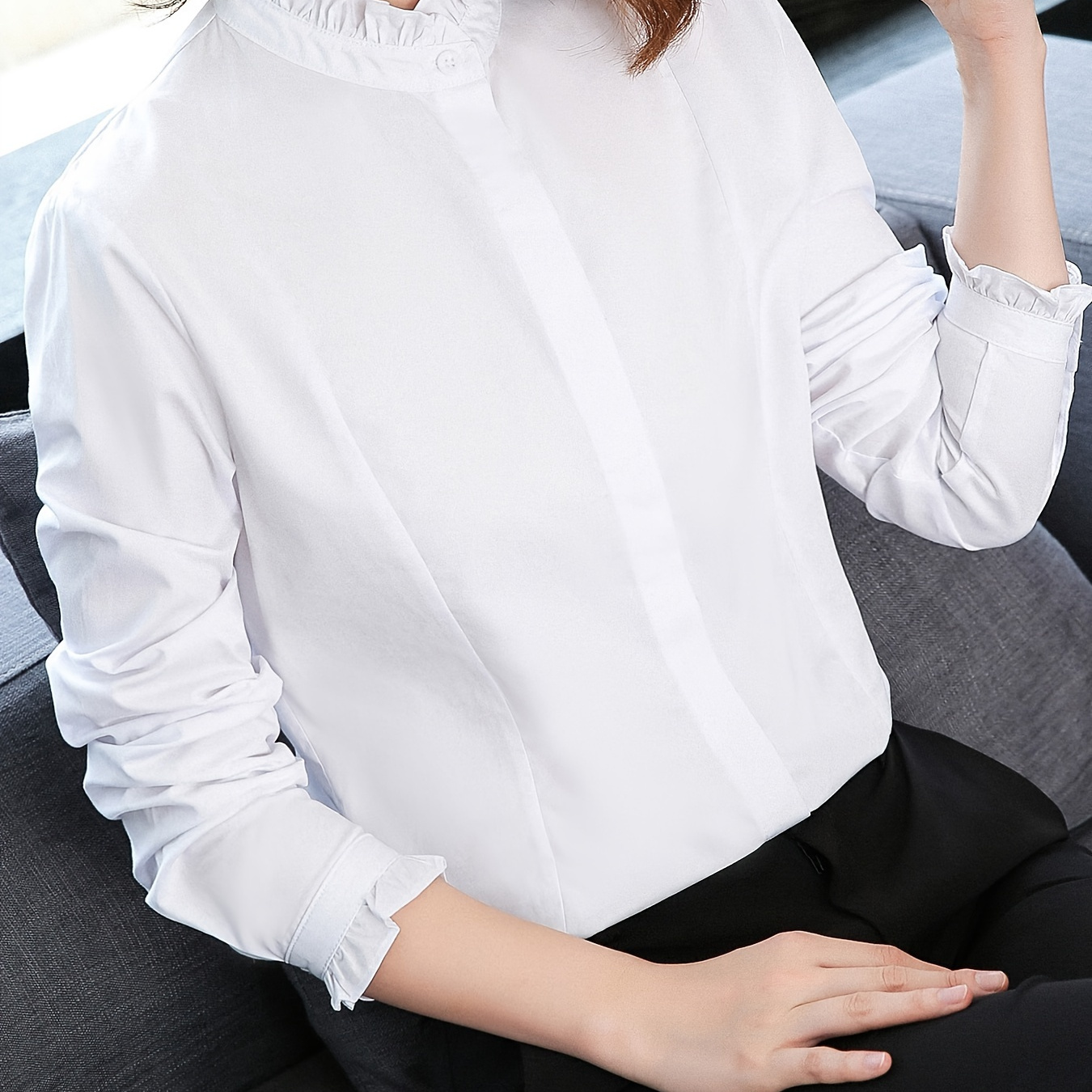 

Elegant Women's Ruffle Collar Blouse - Long Sleeve, Semi-sheer Viscose, , Detail, Button Closure, Autumn Essential|buttonfront Blouse|