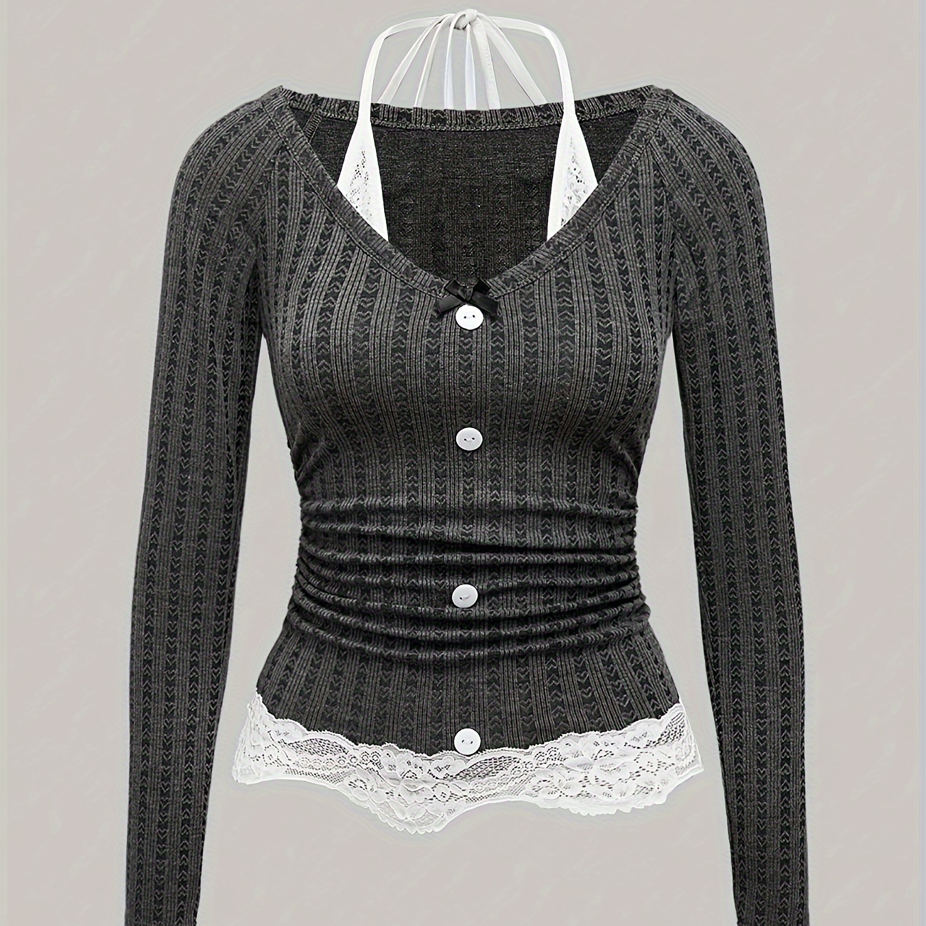 

Cute Sweet Dark Grey Ribbed Lace Lace Folded Stand Up Collar Slimming Women's T-shirt