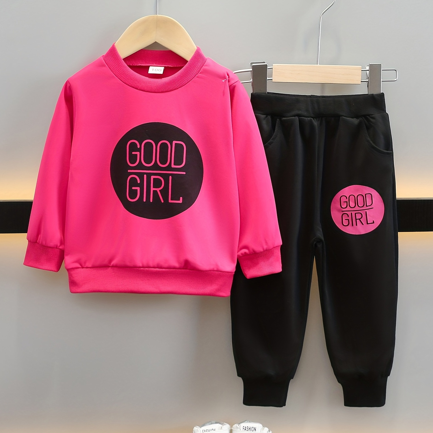 

2pcs Girl's Color Clash Outfit, Good Girl Print Sweatshirt & Sweatpants Set, Toddler Kid's Clothes For Spring Fall