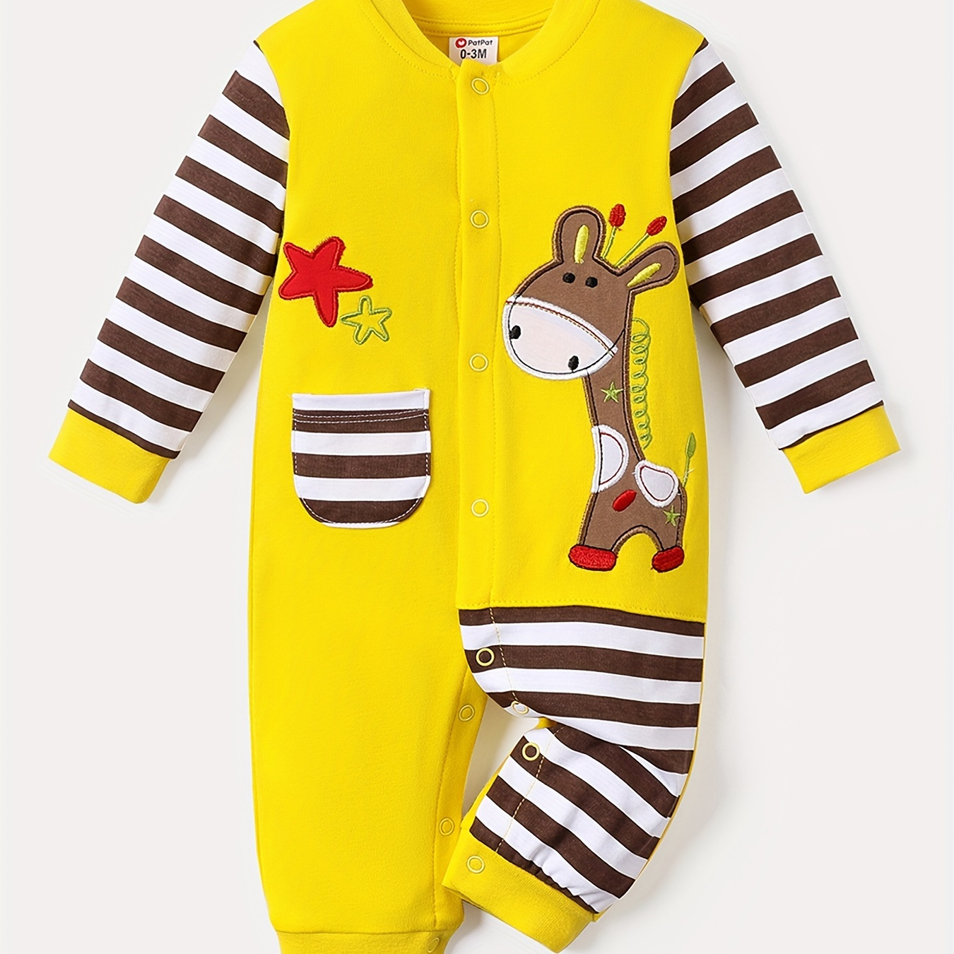 

Patpat Baby Boy 100% Cotton Giraffe Embroidered Striped Long-sleeve Jumpsuit