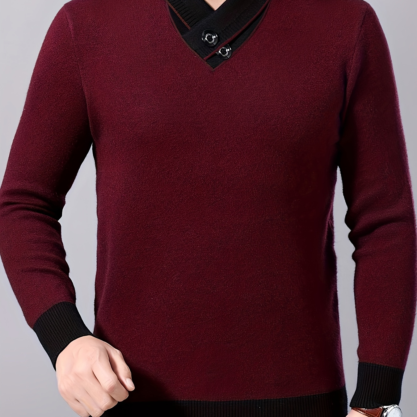 

1pc Pullover décontracté à col en V pour homme - Pull en % polyester avec une légère élasticité, couleur unie, manches longues, coupe ajustée pour /hiver, épais