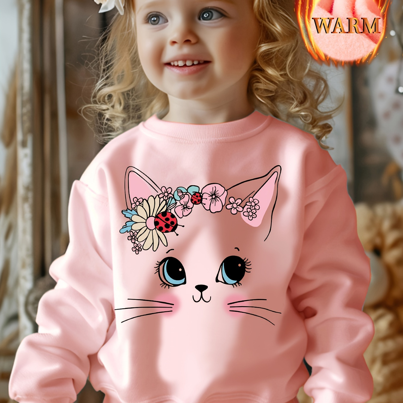 

Milkyship Kids' Fashion Sweatshirt With Cat Print Applique - Polyester Crew Neck Long Sleeve Pullover For Girls Casual Fall/winter Knit Top With Slight Stretch - Pink