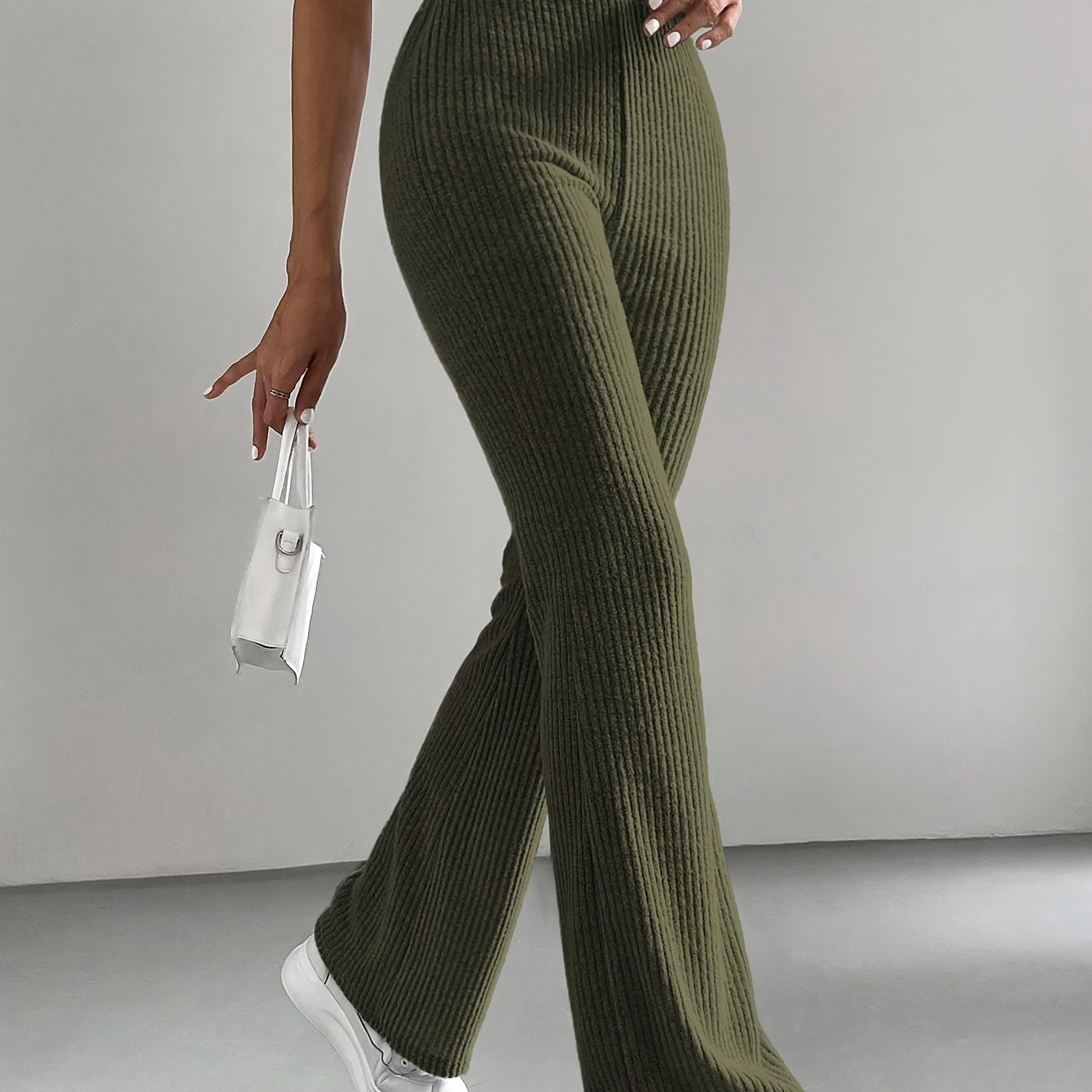 

Solid Color Ribbed Flare Leg Pants, Casual High Waist Forbidden Pants For Spring & Summer, Women's Clothing