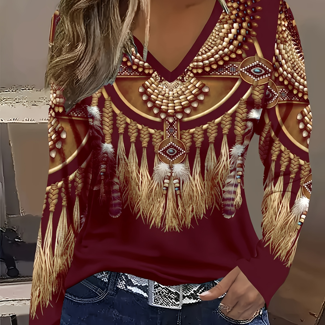 

Tribal Print V Neck T-shirt, Casual Long Sleeve Top For Spring & Fall, Women's Clothing