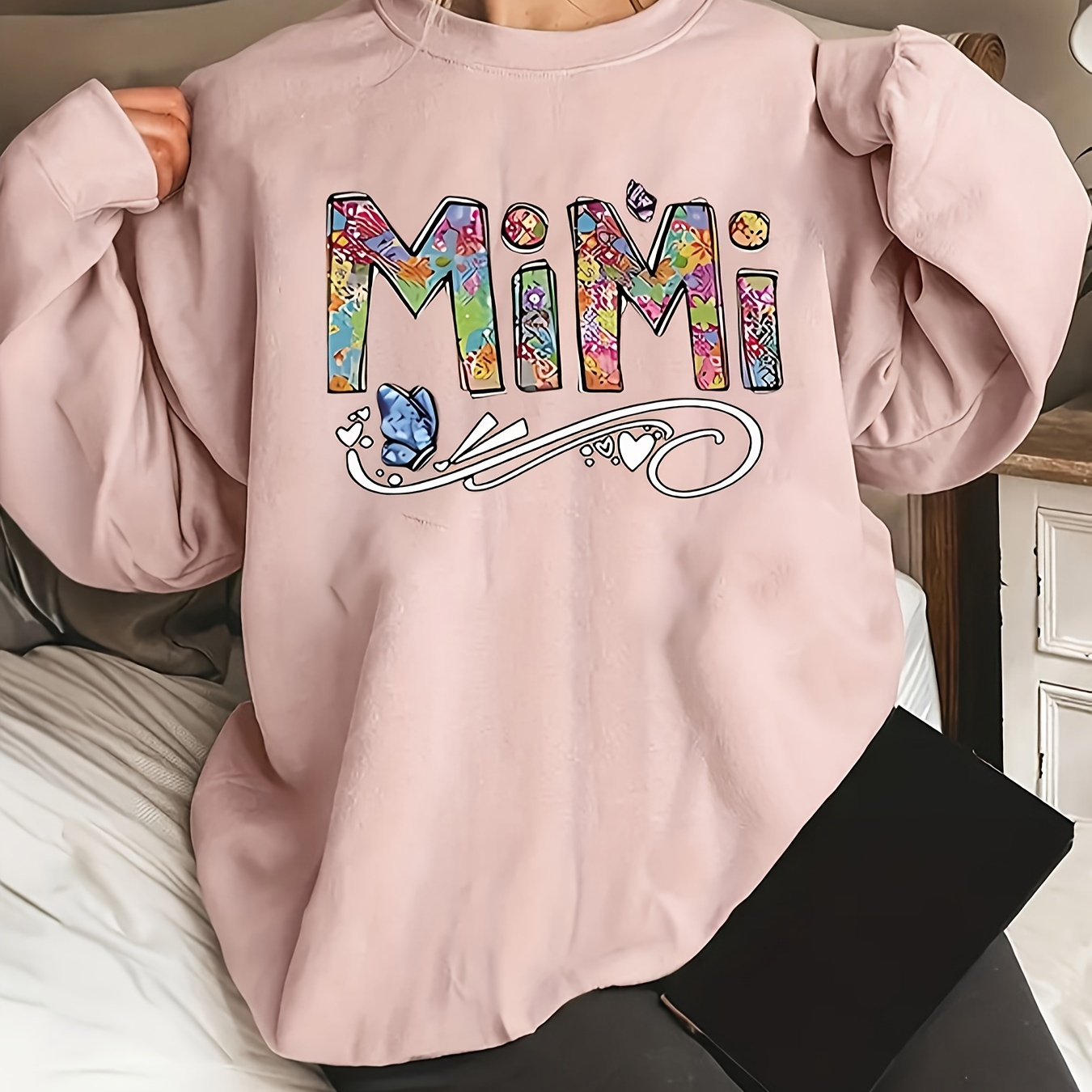 

Floral Mimi & Butterfly Print Sweatshirt, Casual Crew Neck Long Sleeve Sweatshirt, Women's Clothing
