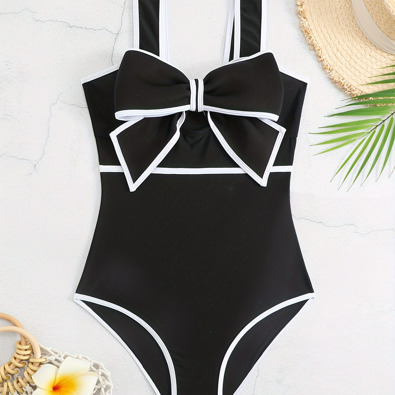 

Bowknot One-piece Swimsuit, Contrast Color Bathing Suits, Women's Swimwear & Clothing