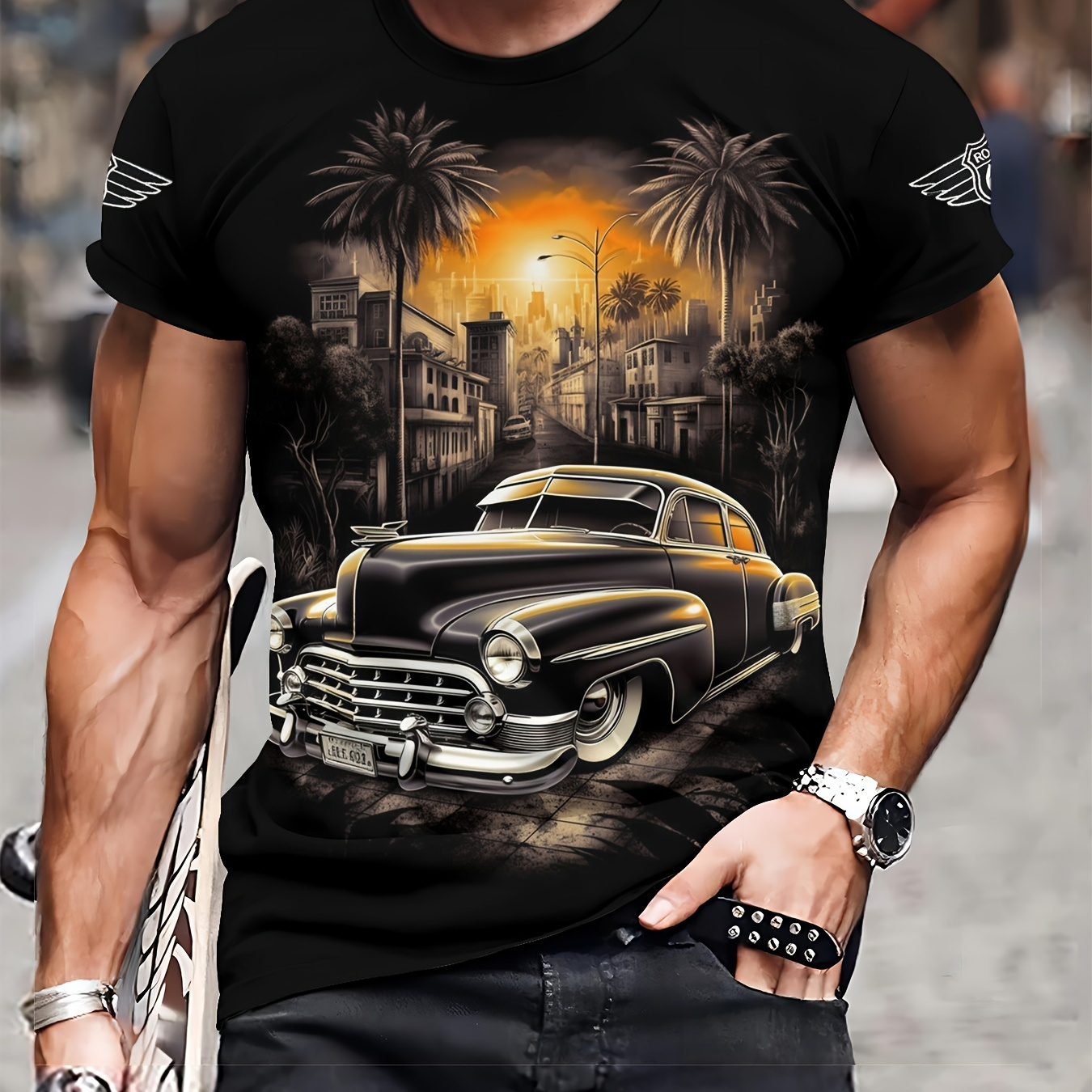 

Summer Casual Crew Neck T-shirt With Classic Car Print - 100% Polyester Knit Fabric With Slight Stretch, Short Sleeve Pullover For Adults